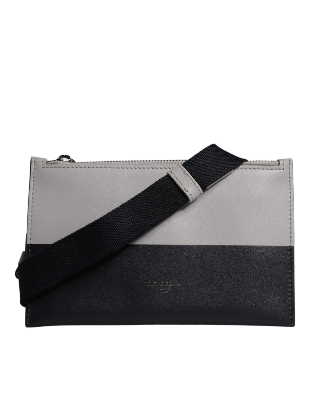 Sac bandoulière en cuir noir et blanc Dolce & Gabbana avec logo embossé, style élégant et sophistiqué.