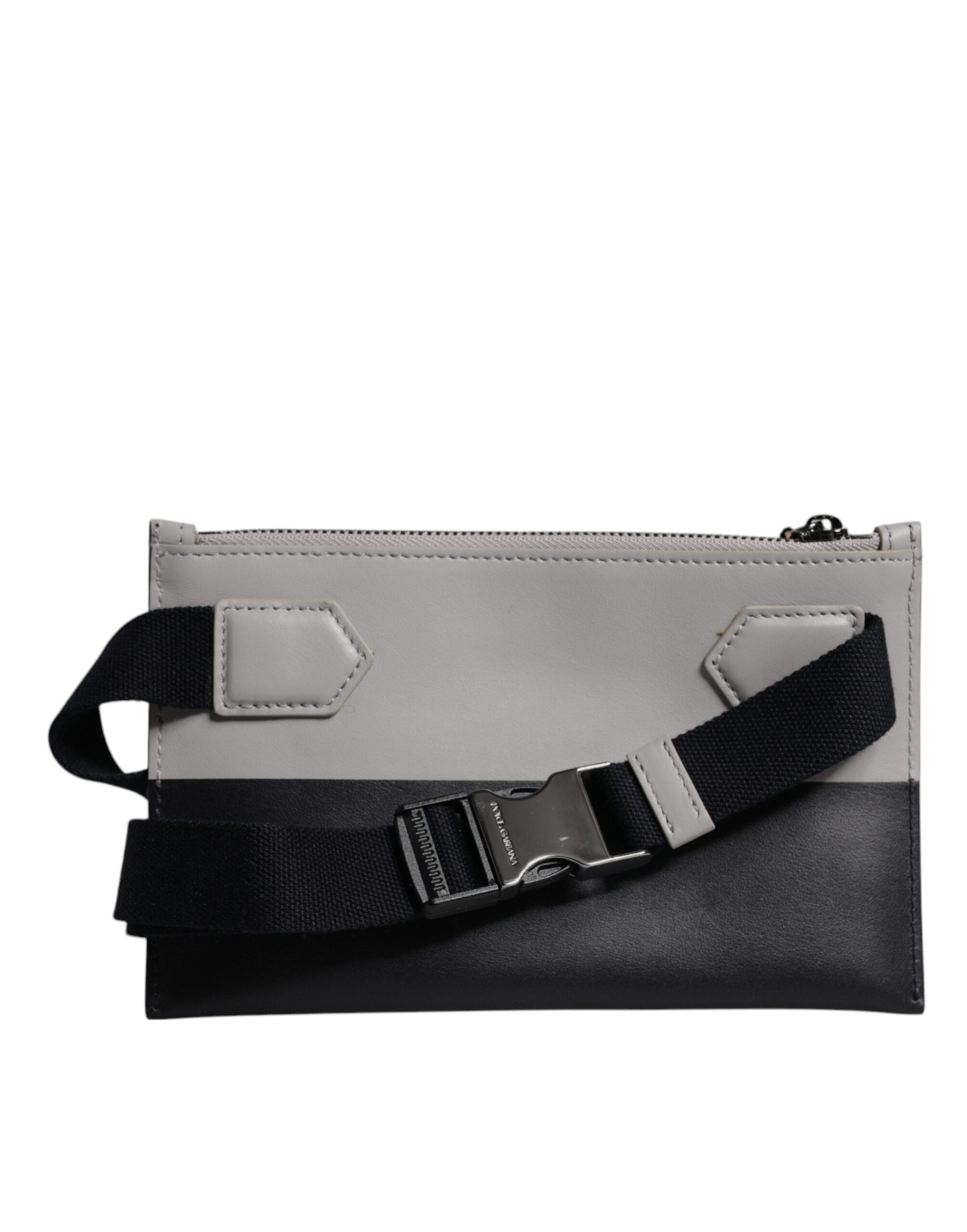 Sac à bandoulière en cuir noir et blanc Dolce & Gabbana avec logo embossed, élégant et sophistiqué.