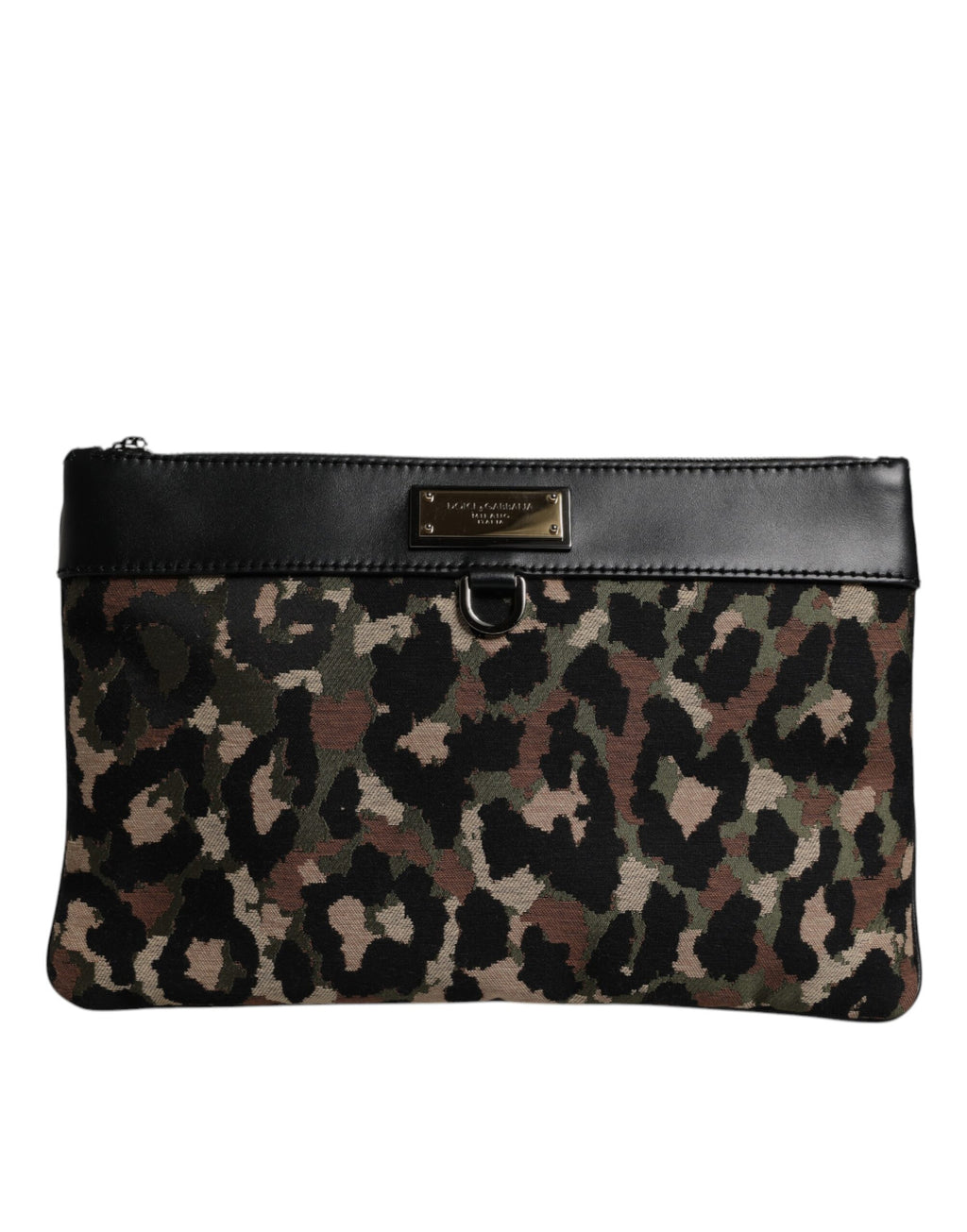 Sac pochette Dolce & Gabbana à motif léopard multicolore en jacquard avec logo et plaque, finition élégante.