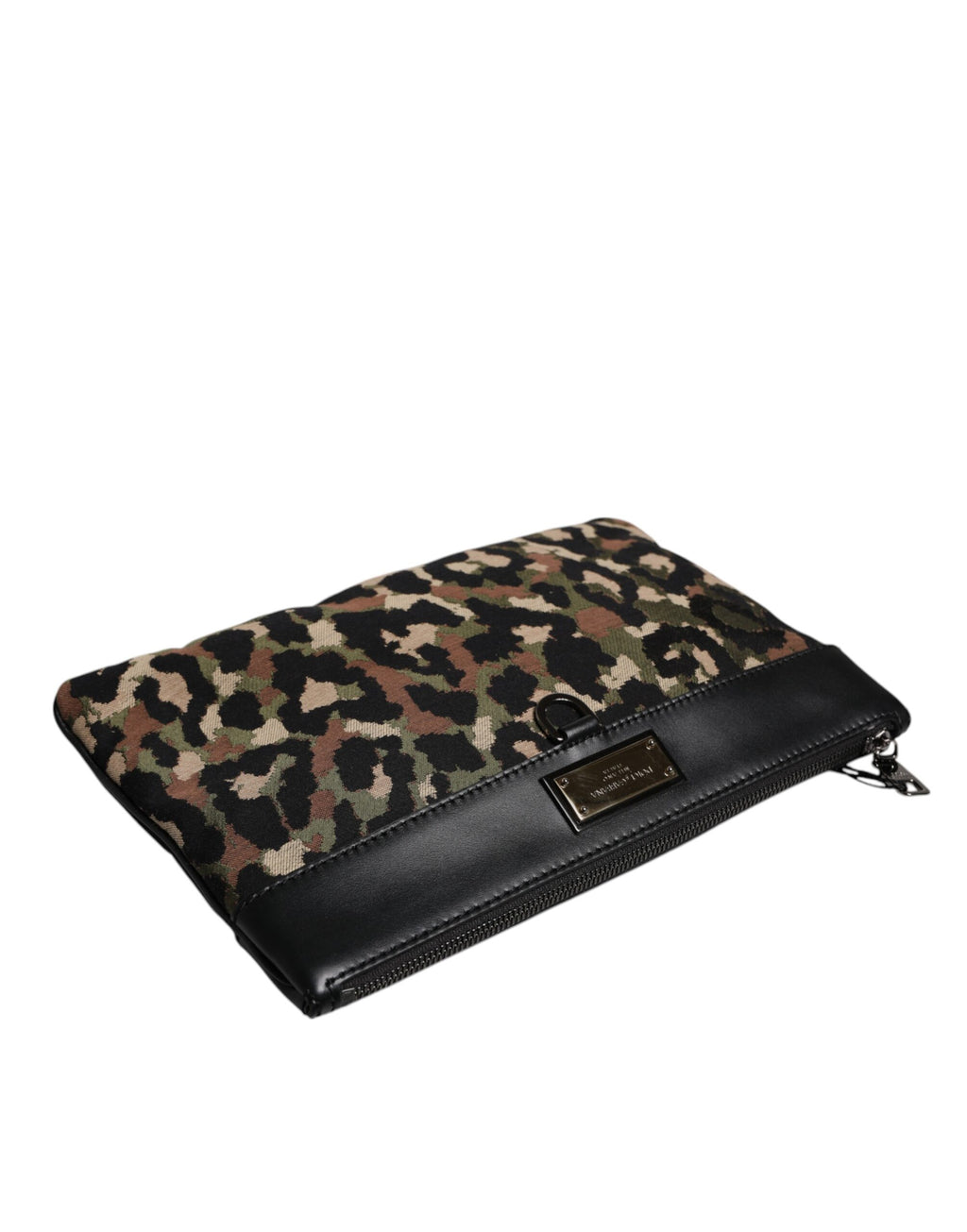 Sac pochette Dolce & Gabbana en jacquard à motif léopard multicolore avec logo et plaque, style élégant et tendance.