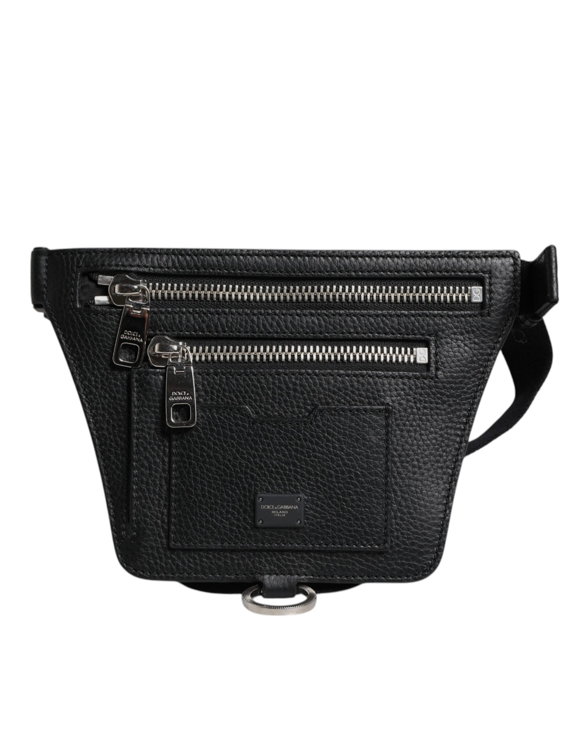 Ceinture en cuir noir Dolce & Gabbana avec plaque logo, portée comme ceinture ou sac banane pour homme.