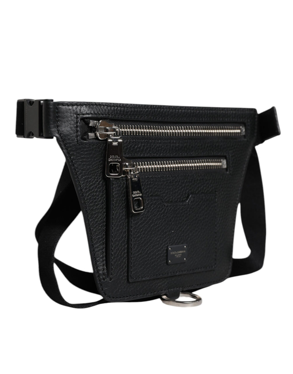 Ceinture en cuir de veau noir Dolce & Gabbana avec plaque logo, portée en ceinture ou banane, pour homme.