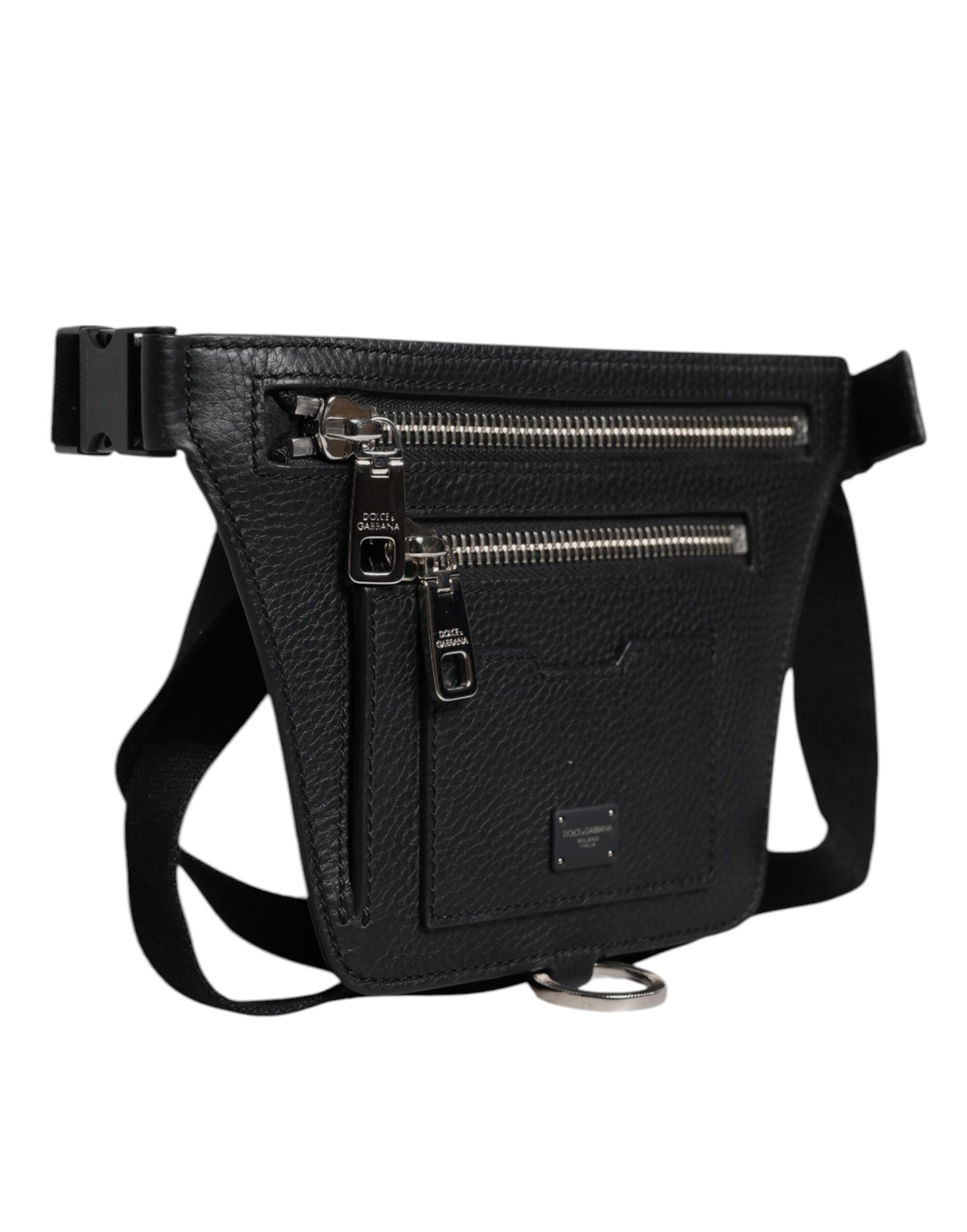 Ceinture en cuir de veau noir Dolce & Gabbana avec plaque logo, portée en ceinture ou banane, pour homme.