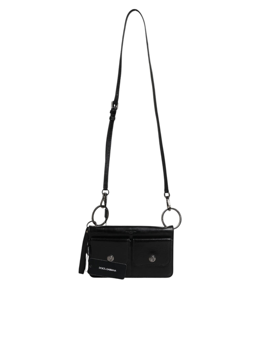 Sac à bandoulière en cuir noir Dolce & Gabbana avec logo, élégant et sophistiqué, visible en détail.