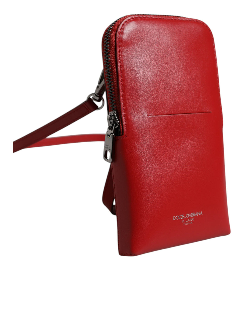 Sac à bandoulière en cuir rouge Dolce & Gabbana avec pochette téléphone et sangle croisée, élégant et sophistiqué.
