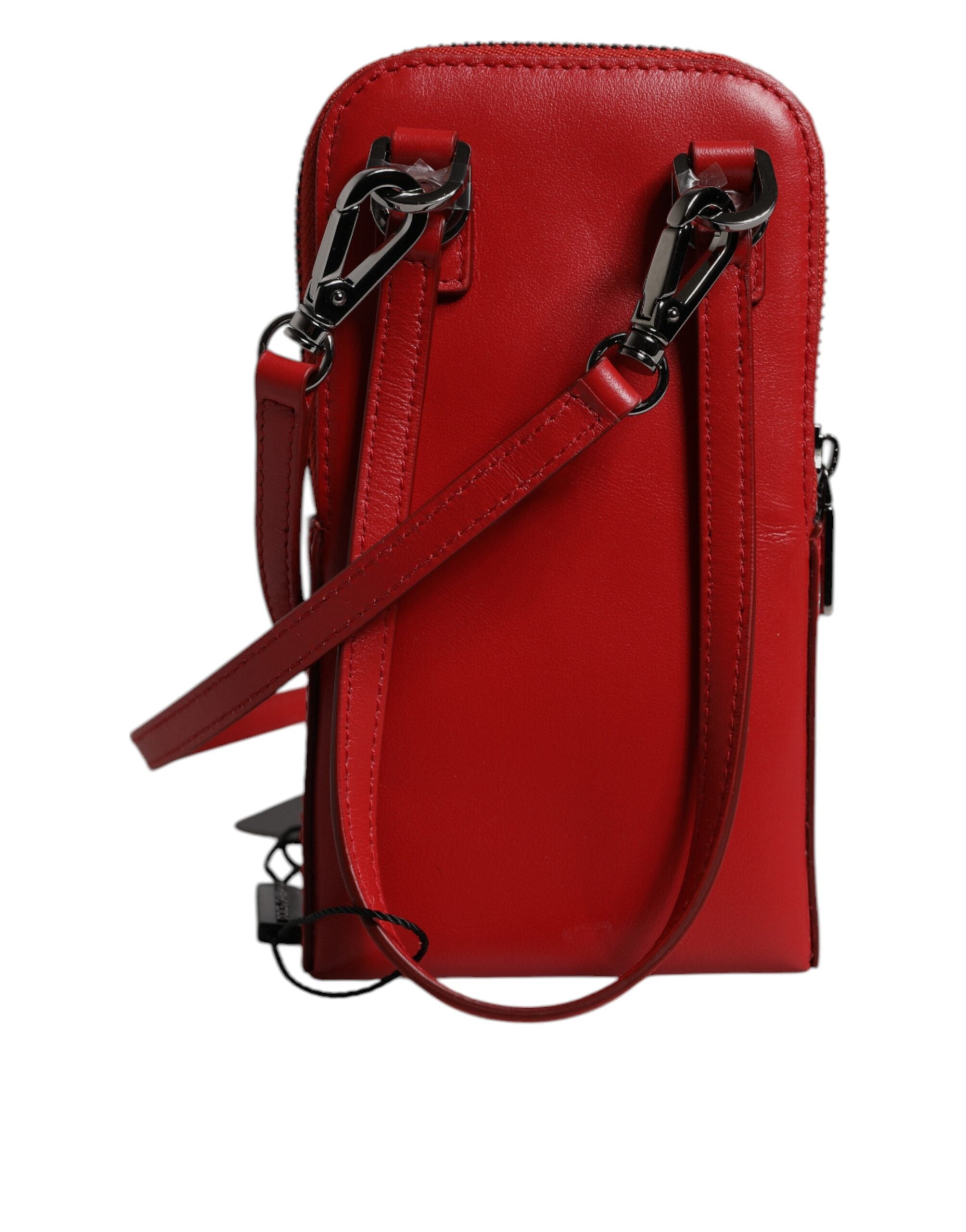 Sangle de téléphone en cuir rouge Dolce & Gabbana, sac à bandoulière croisé avec boucle dorée pour femme.