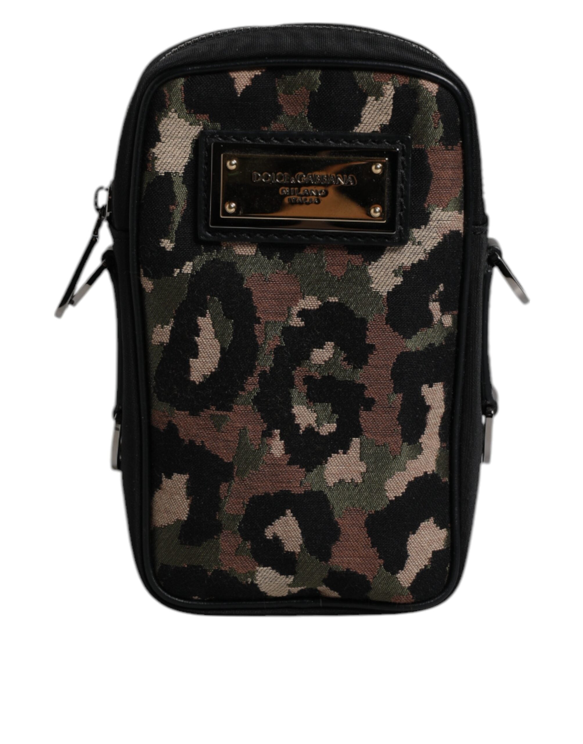 Sac à bandoulière Dolce & Gabbana en jacquard léopard multicolore avec logo et plaque, détails élégants et colorés.
