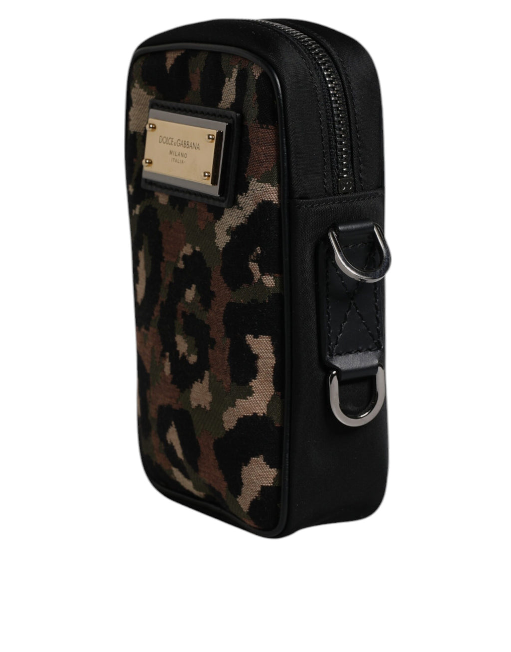 Sac à bandoulière Dolce & Gabbana en jacquard léopard multicolore avec logo et plaque, pochettes élégantes et détails sophistiqués.