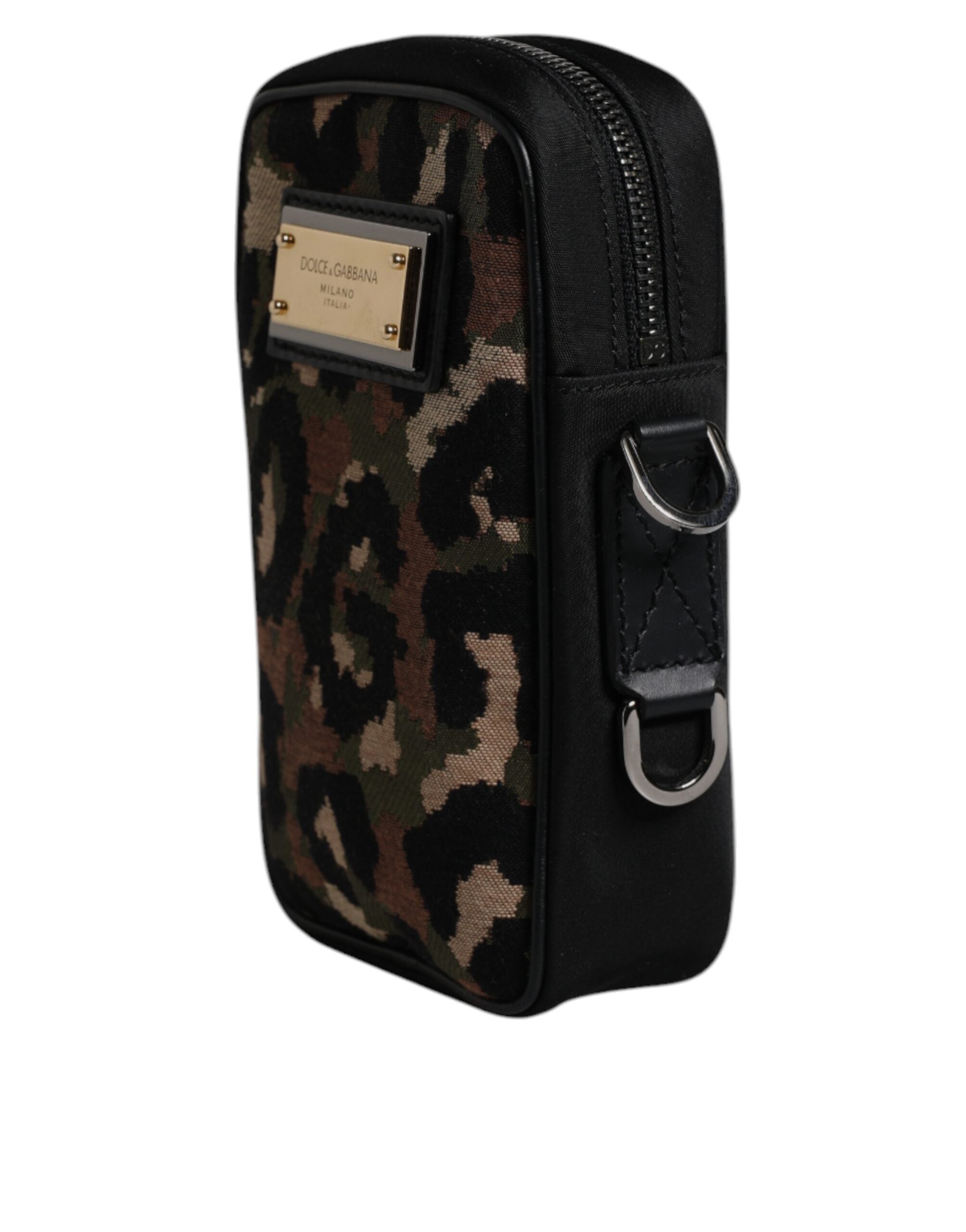 Sac à bandoulière Dolce & Gabbana en jacquard léopard multicolore avec logo et plaque, pochettes élégantes et détails sophistiqués.