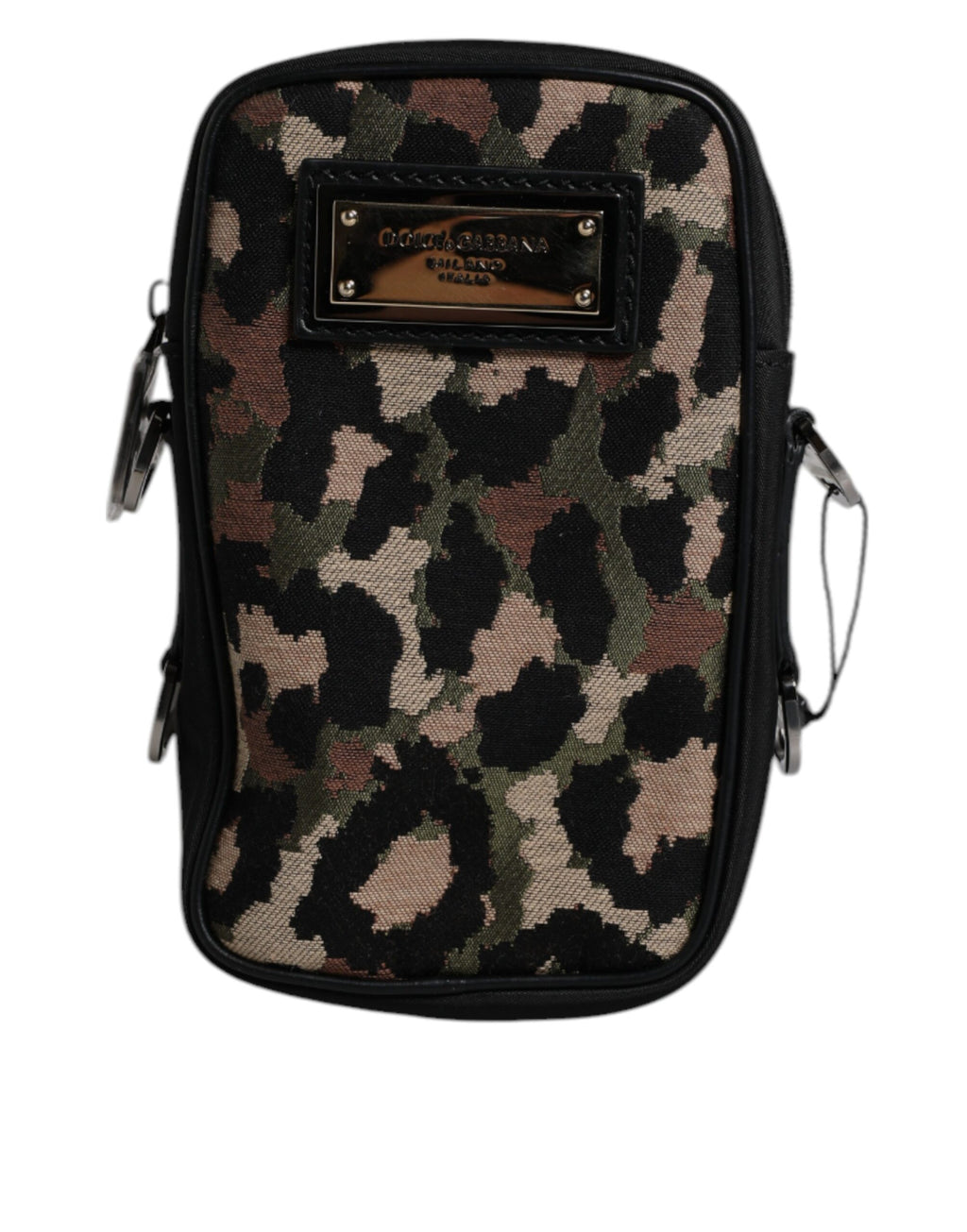 Sac à bandoulière Dolce & Gabbana en jacquard léopard multicolore avec logo et plaque, élégant et tendance.