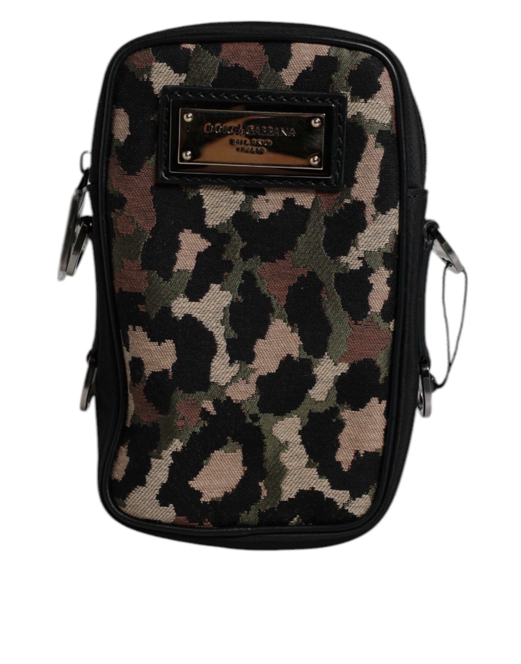 Sac à bandoulière Dolce & Gabbana en jacquard léopard multicolore avec logo et plaque, élégant et tendance.