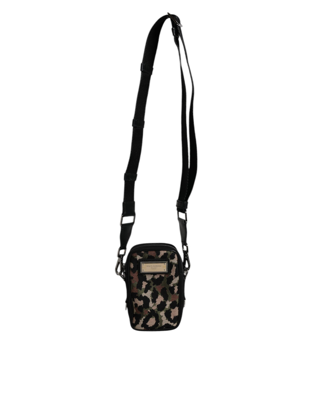 Sac à bandoulière Dolce & Gabbana en jacquard léopard multicolore avec logo et plaque, élégant et tendance.