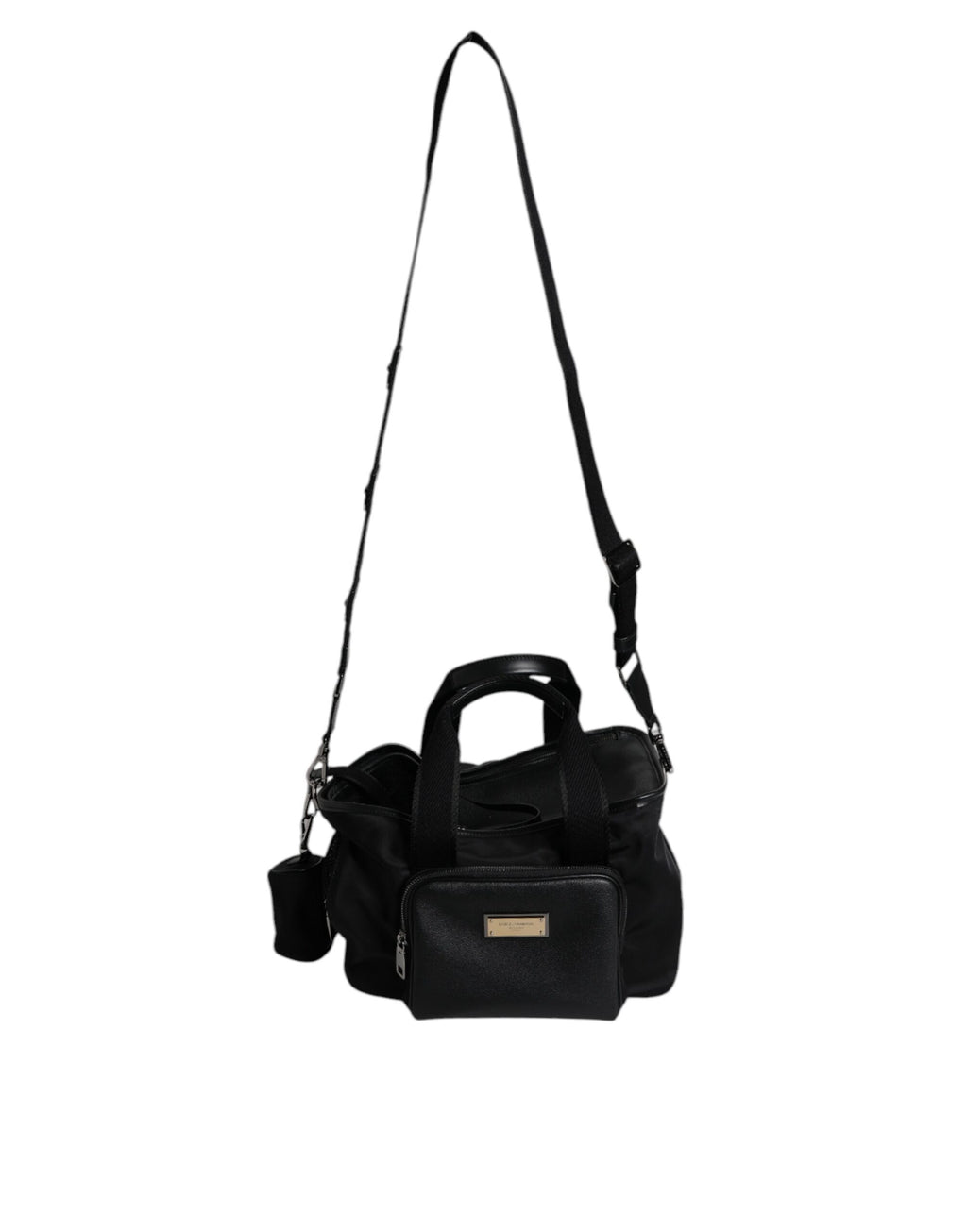 Sac à bandoulière Dolce & Gabbana noir avec plaque logo, bandoulière en cuir et détails élégants.