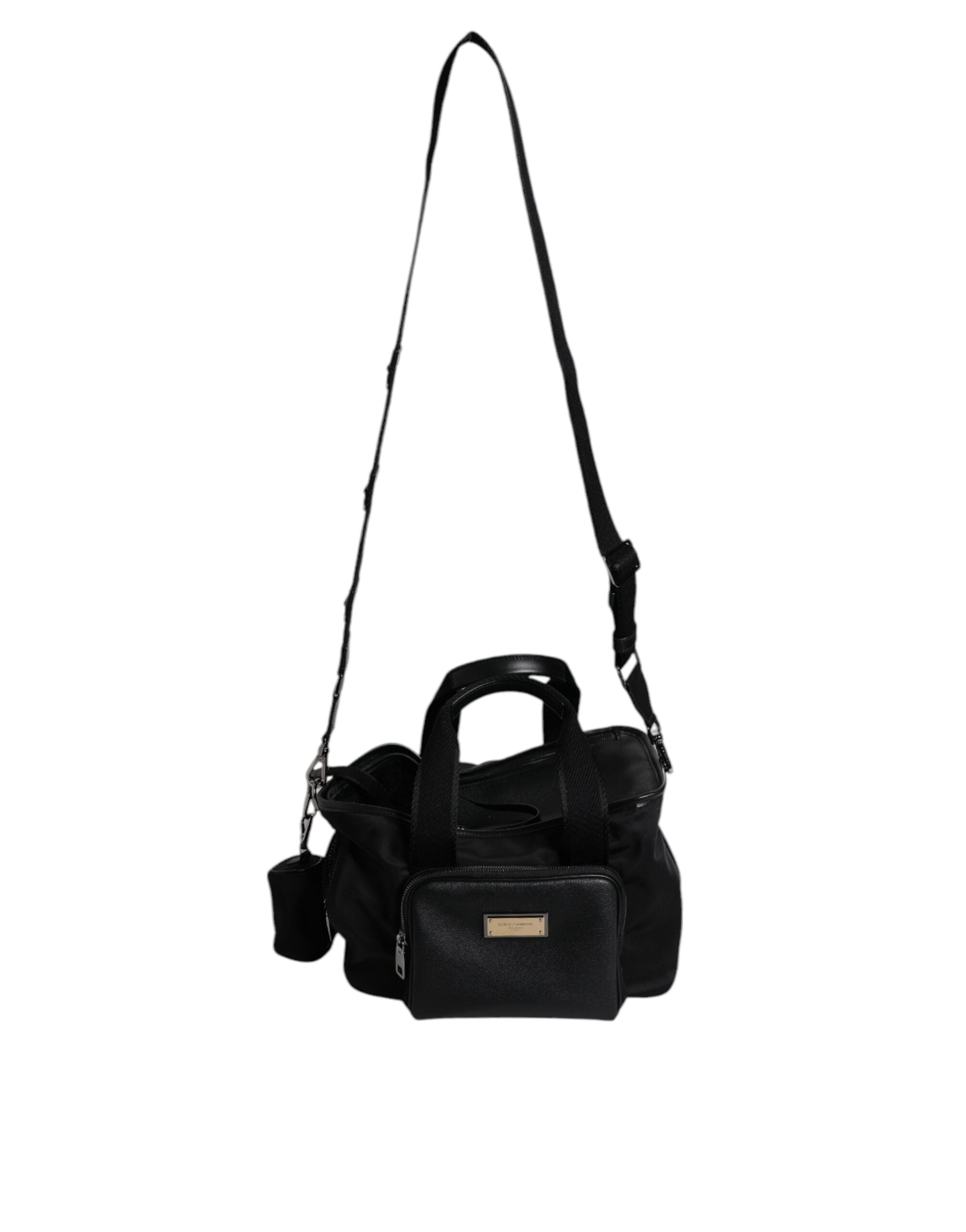 Sac à bandoulière Dolce & Gabbana noir avec plaque logo, bandoulière en cuir et détails élégants.