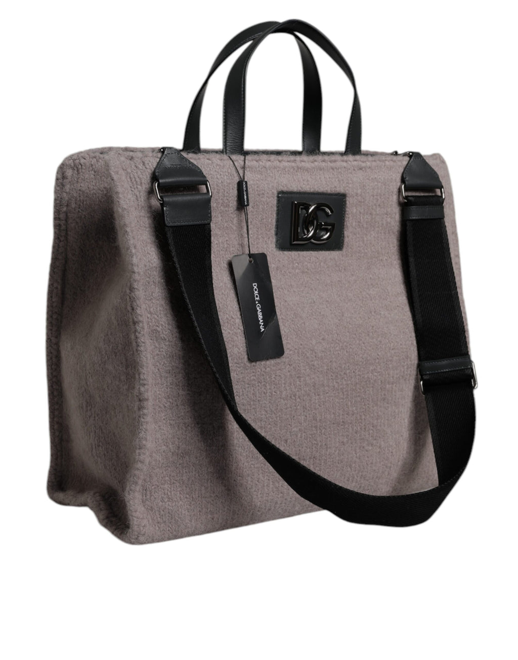 Sac cabas Dolce & Gabbana en laine d'alpaga grise avec plaque logo, porté sur l'épaule, détails élégants et finition soignée.