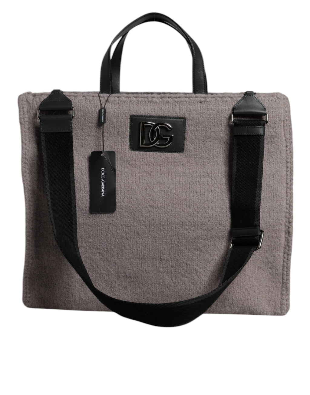 Sac cabas Dolce & Gabbana en laine d'alpaga gris avec logo et plaque, porté sur l'épaule, élégant et spacieux.