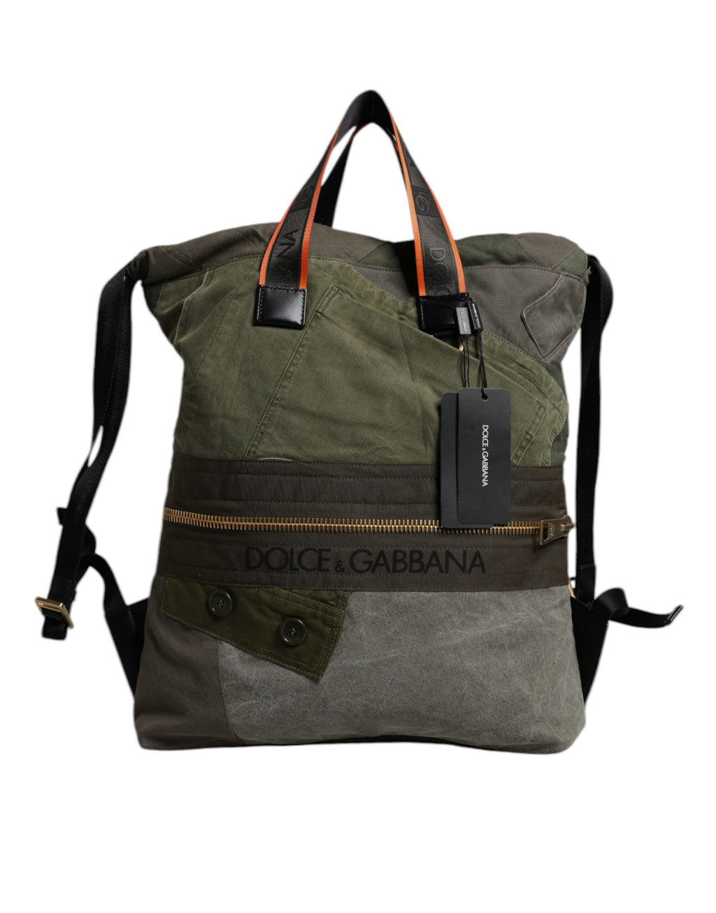 Sac à dos Dolce & Gabbana en vert militaire avec patchwork, robuste et stylé, idéal pour un look tendance et pratique.