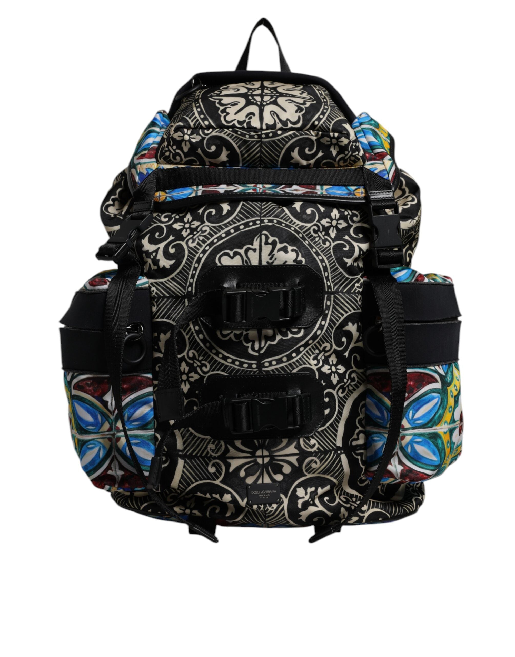 Sac à dos en nylon Dolce & Gabbana avec imprimé multicolore Maiolica, motifs artistiques et détails élégants.