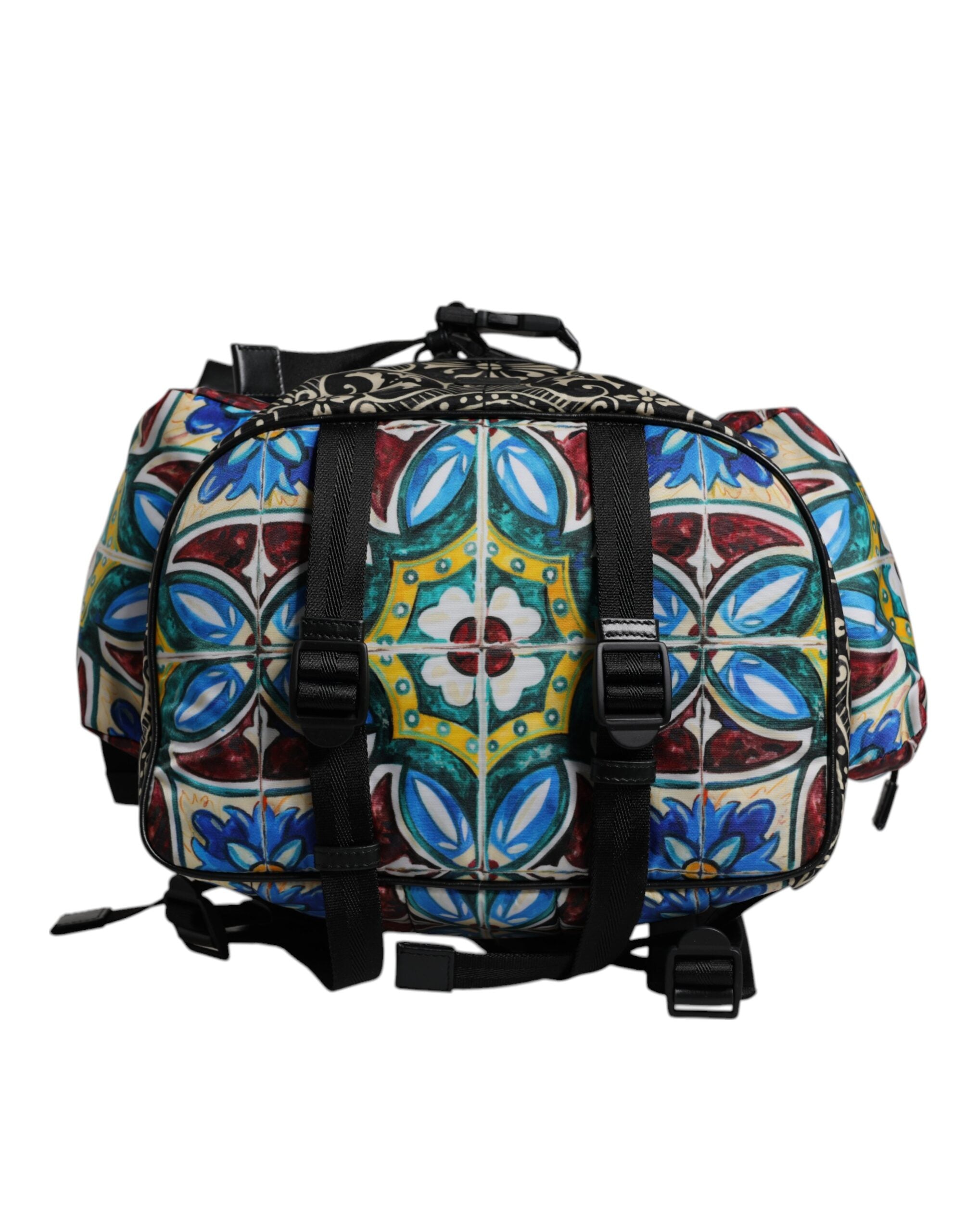 Sac à dos en nylon Dolce & Gabbana multicolore avec imprimé Maiolica, design élégant et coloré.
