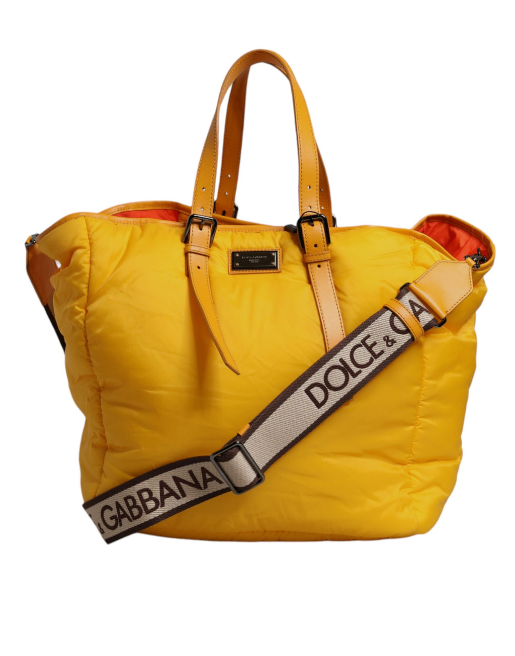 Sac à main Duffle Dolce & Gabbana en nylon jaune-orange avec logo, poignées pour épaule, design élégant et pratique.