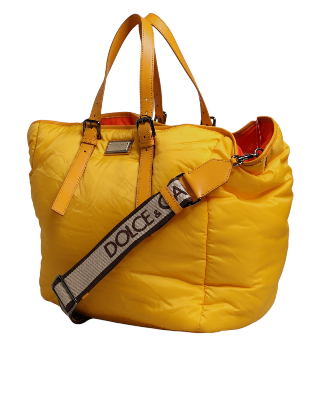 Sac à main cabas D&G en nylon jaune et orange, logo en plaque, porté à la main ou en bandoulière.