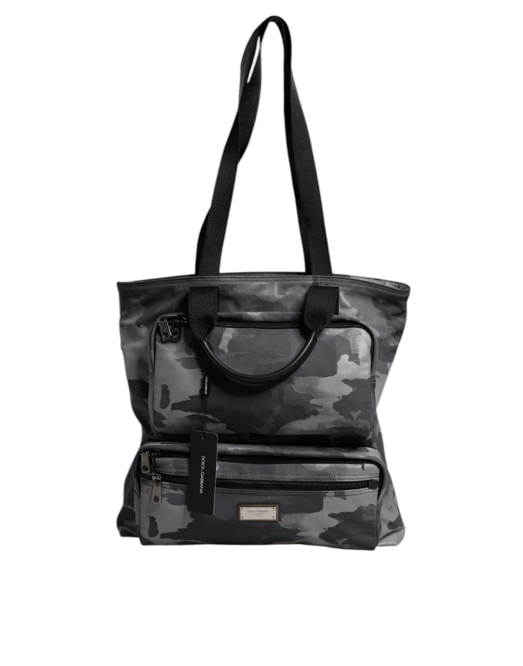 Sac cabas Dolce & Gabbana en coton gris camouflage avec plusieurs compartiments, design pratique et élégant.