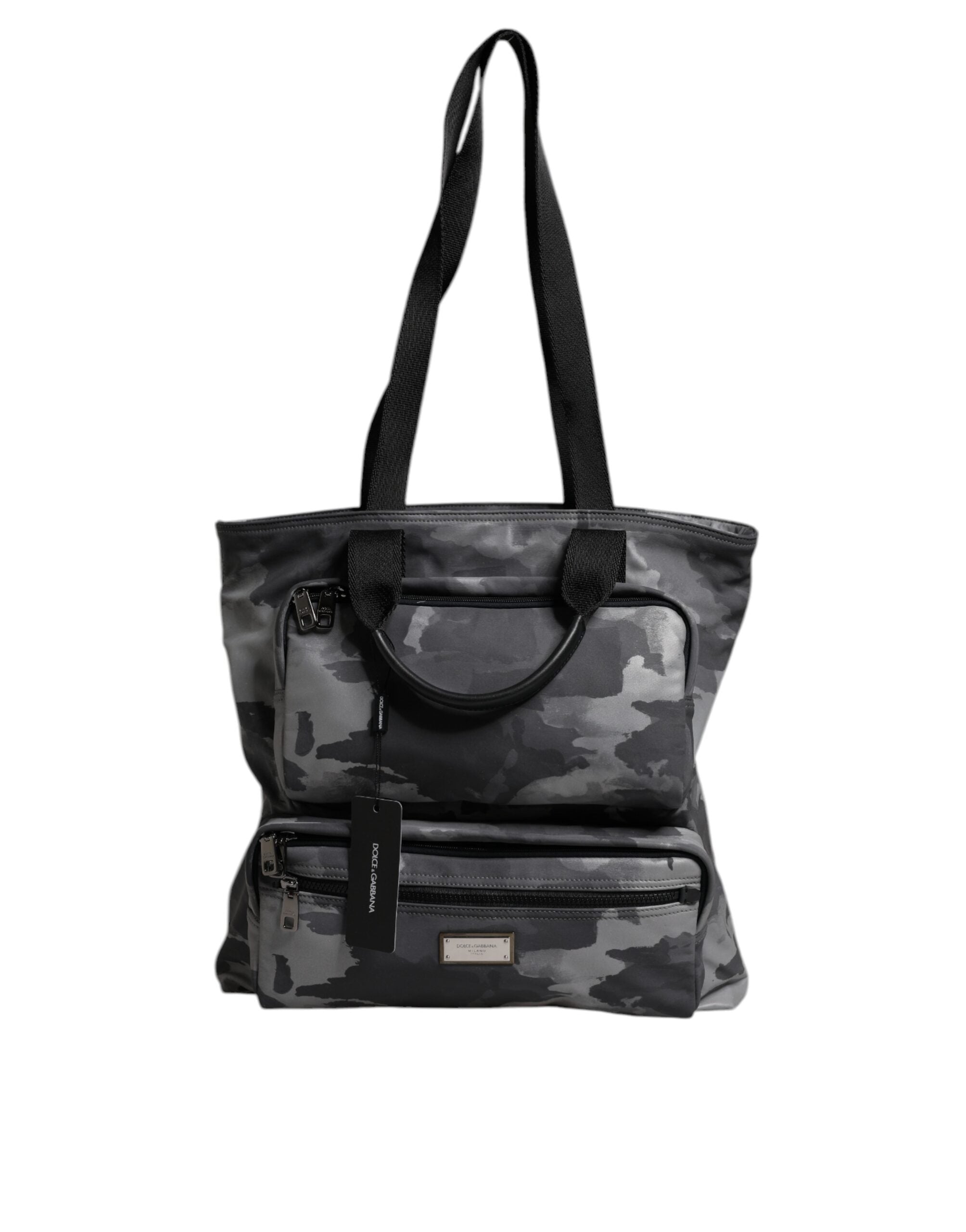 Sac cabas Dolce & Gabbana en coton gris camouflage avec plusieurs compartiments, design pratique et élégant.