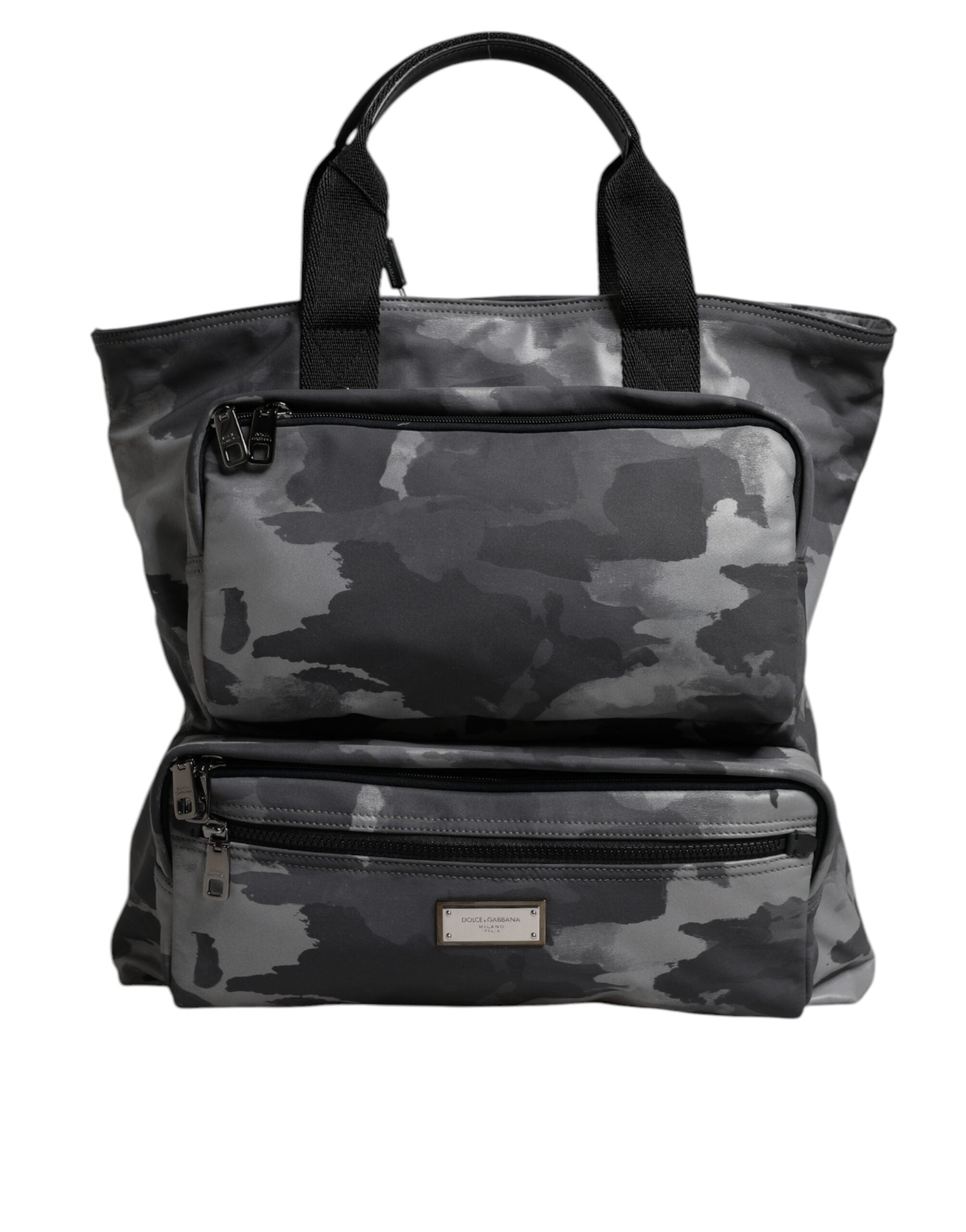 Sac cabas Dolce & Gabbana en coton gris camouflage avec plusieurs compartiments, style pratique et tendance.