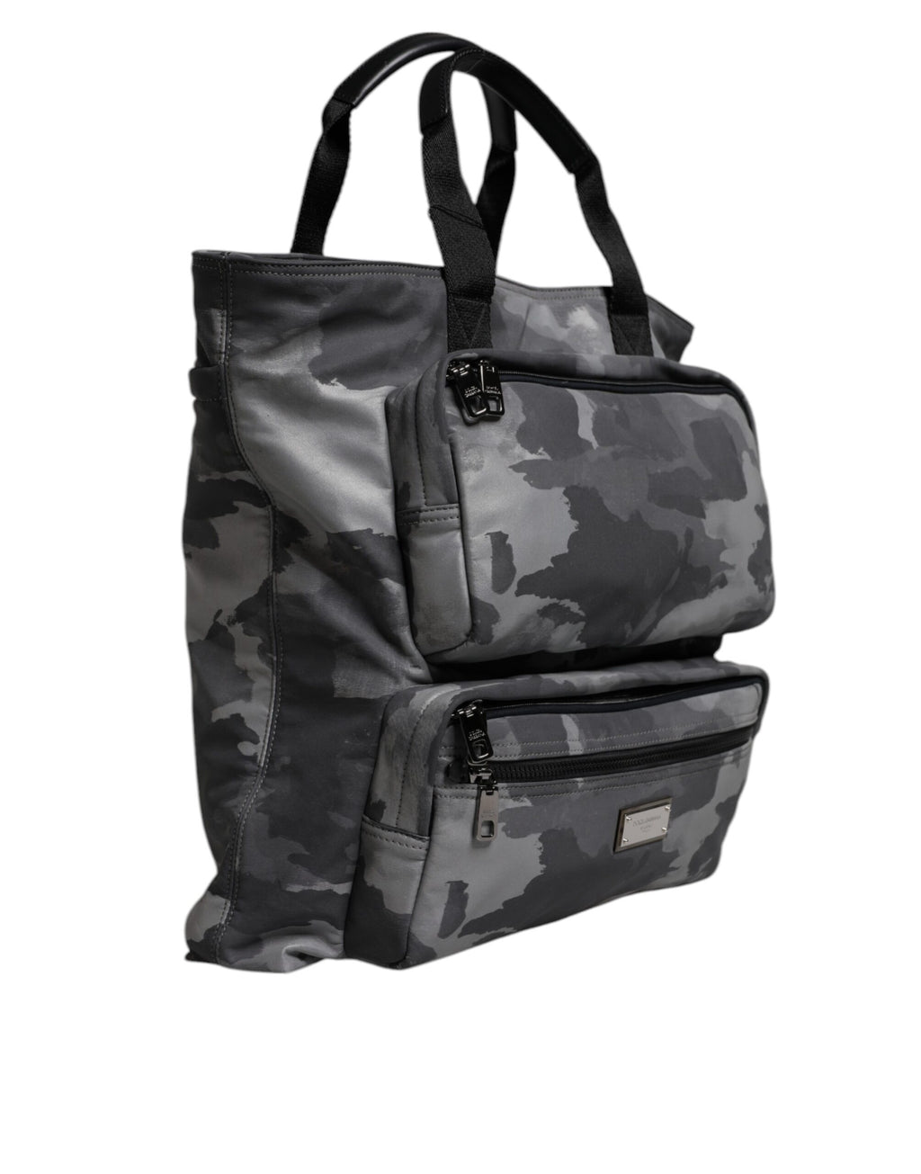 Sac à main Dolce & Gabbana gris camouflage en coton avec plusieurs compartiments, style pratique et tendance.
