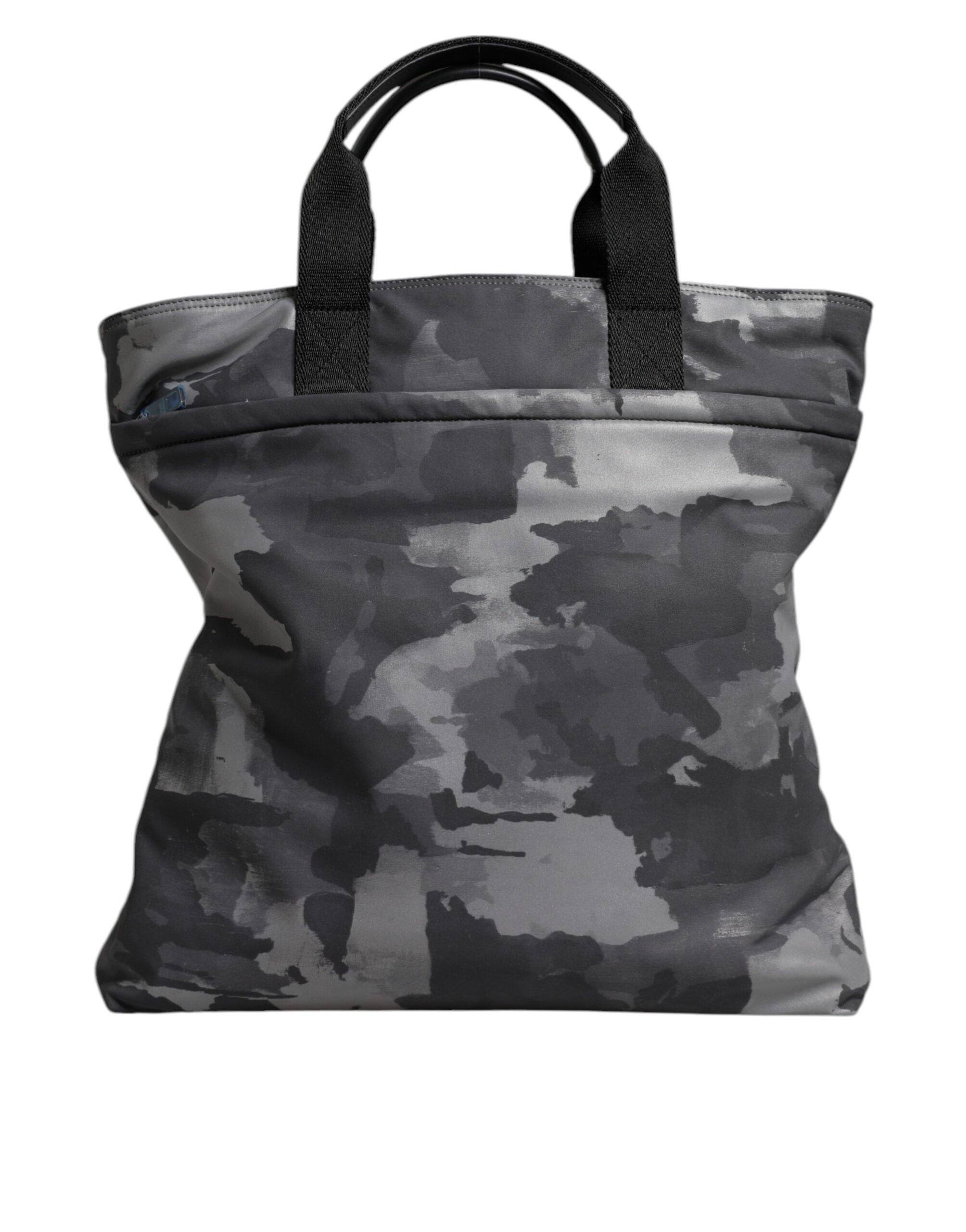 Sac cabas en coton gris camouflage Dolce & Gabbana avec plusieurs compartiments visible à l’intérieur.