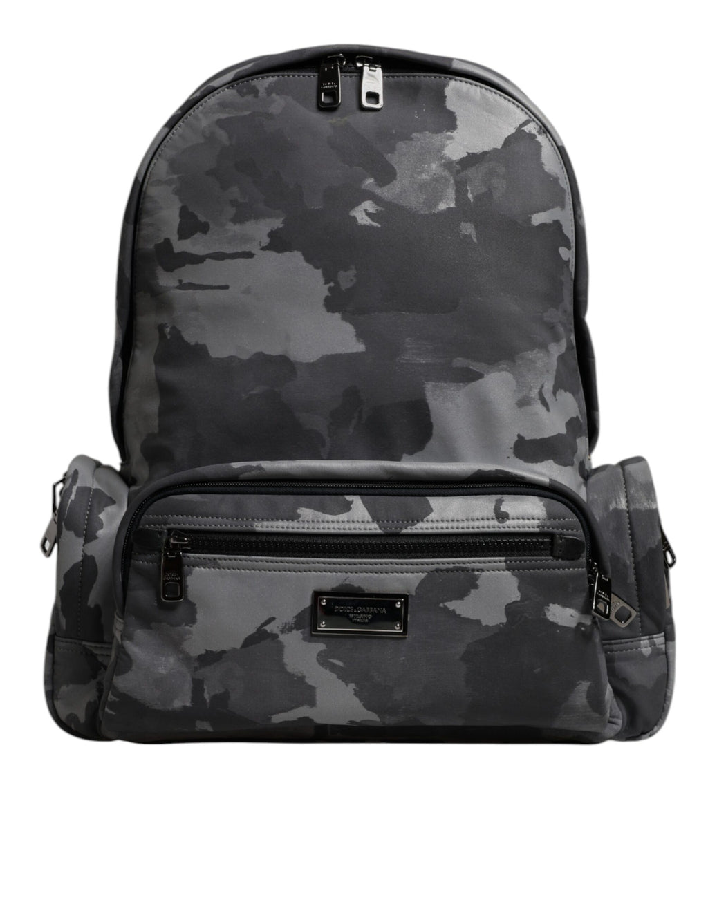 Sac à dos Dolce & Gabbana en coton gris avec logo camouflage et plaque logo, style tendance et pratique.