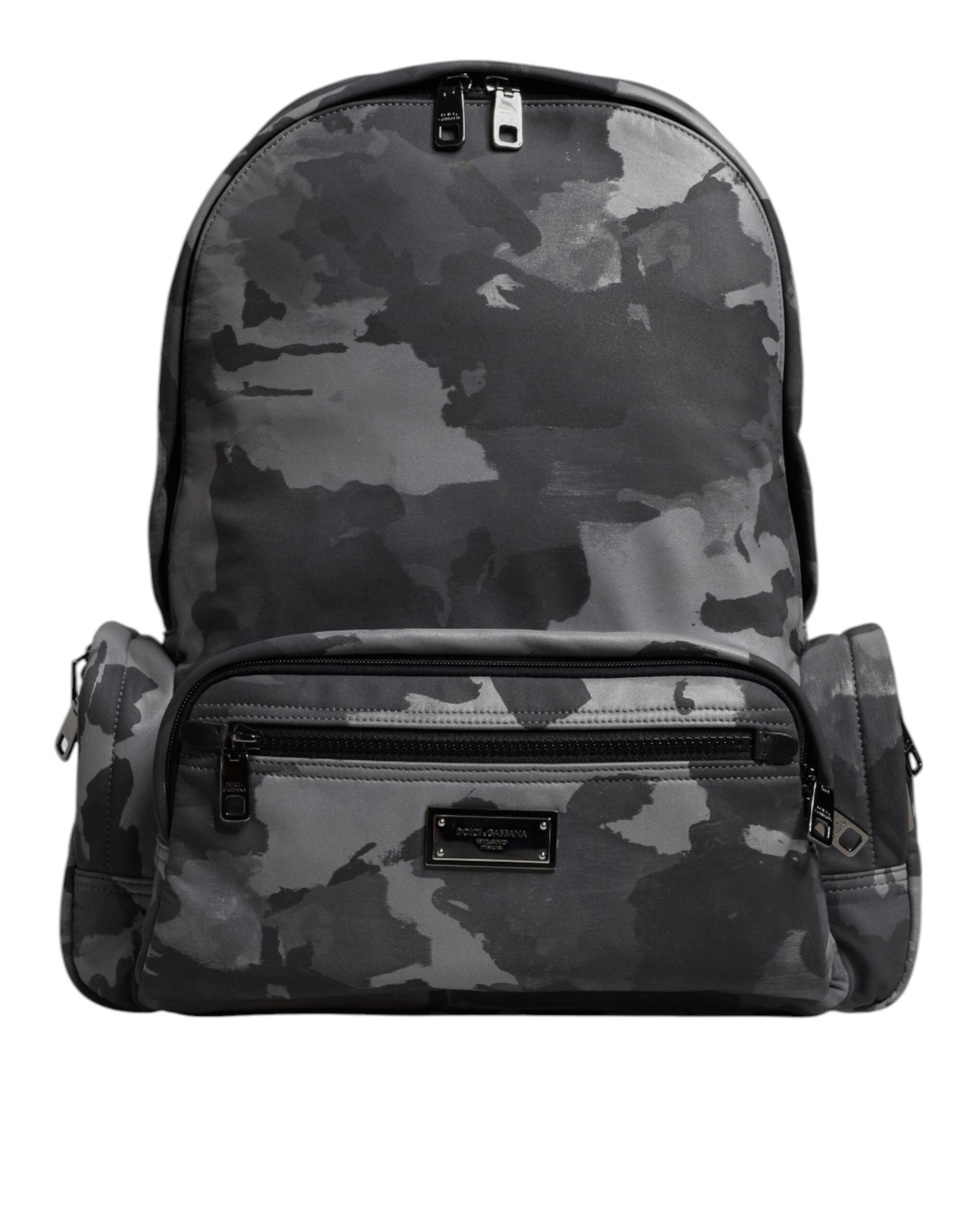 Sac à dos Dolce & Gabbana en coton gris avec logo camouflage et plaque logo, style tendance et pratique.