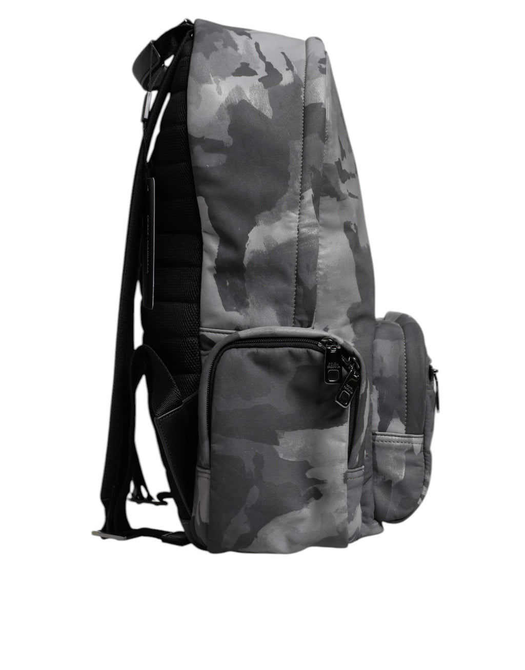 Sac à dos Dolce & Gabbana en coton gris avec logo camouflage et plaque, style tendance et pratique.