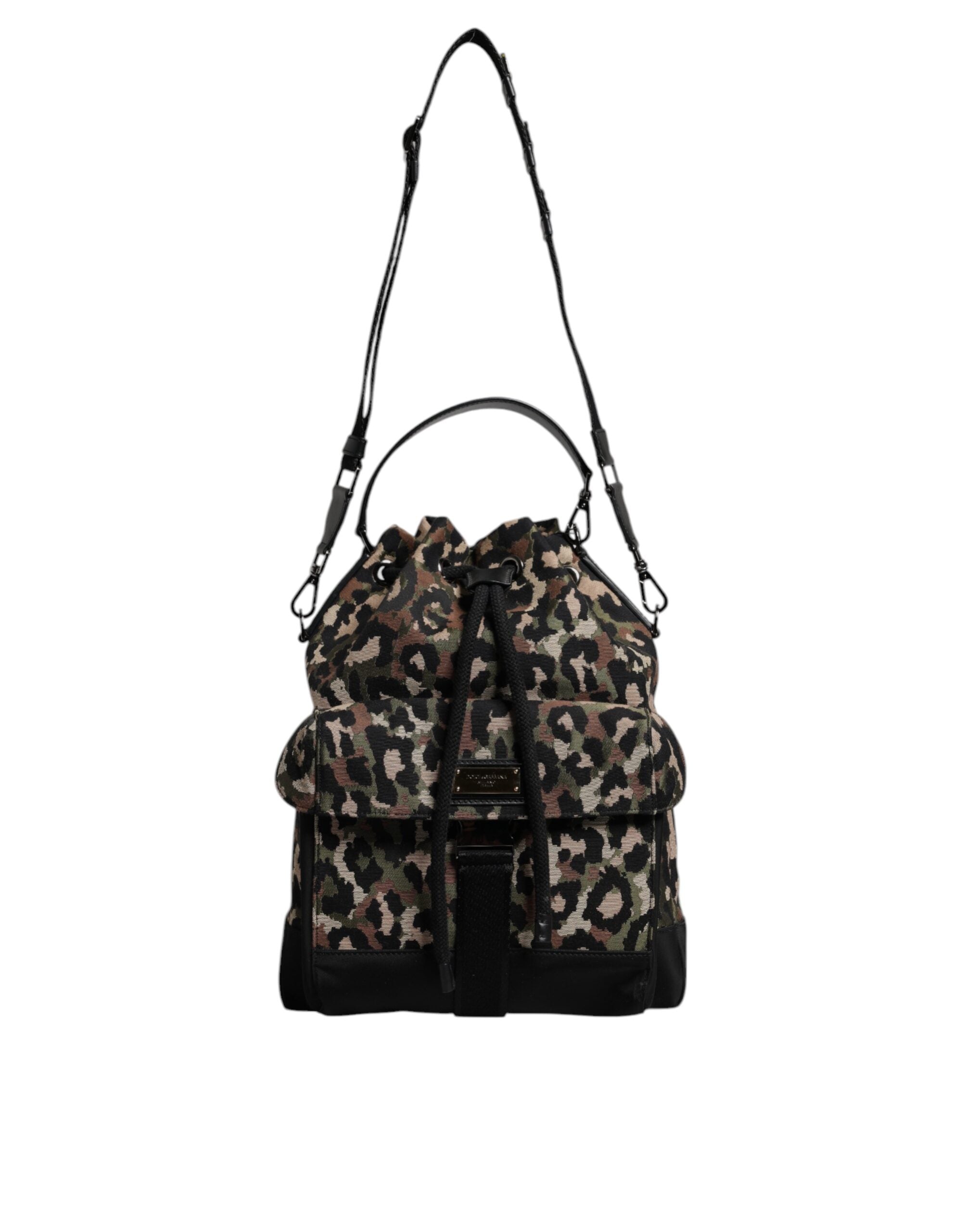 Sac à bandoulière en coton multicolore à motif léopard de Dolce & Gabbana, style seau élégant et coloré.