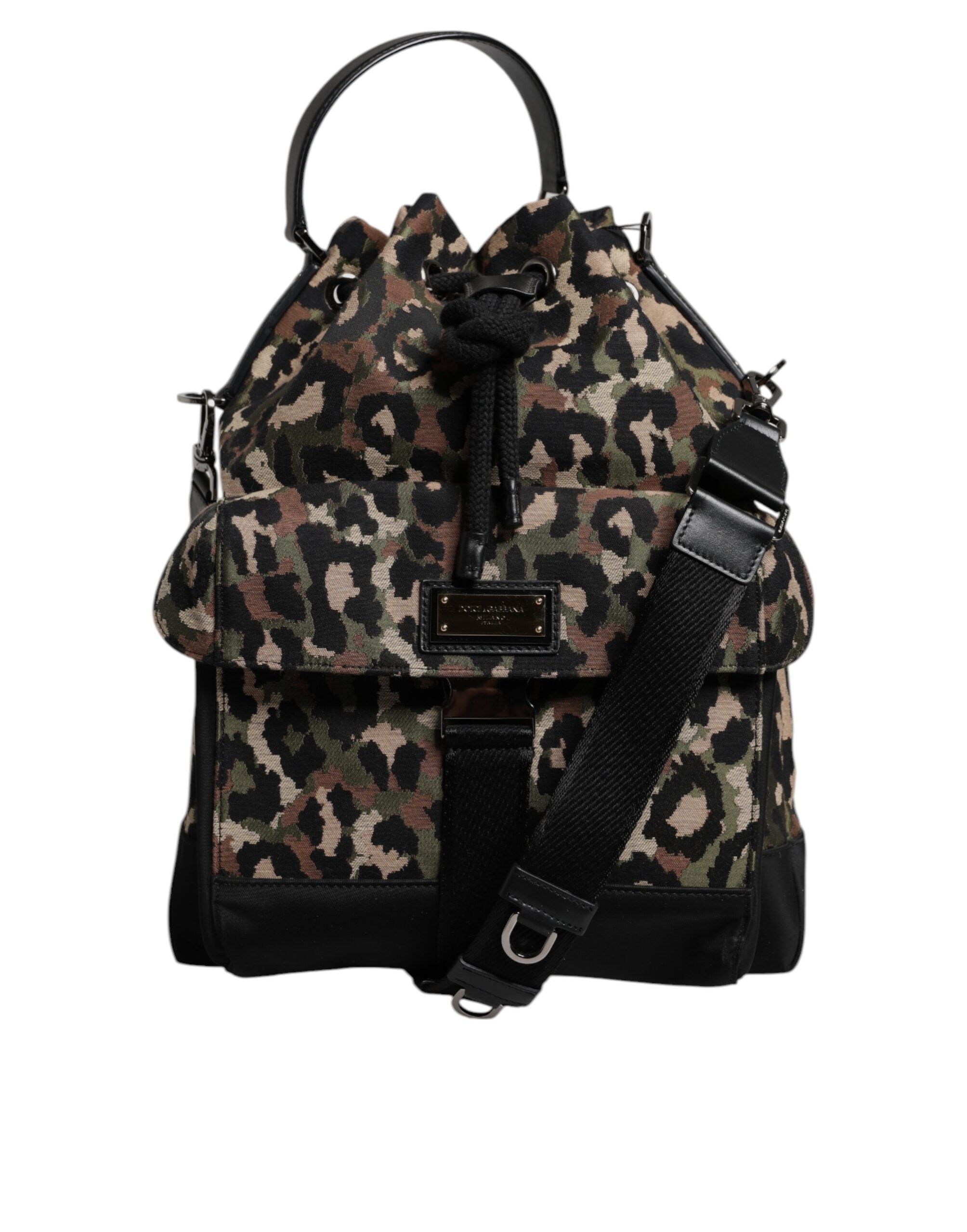 Sac à bandoulière en coton multicolore à imprimé léopard de Dolce & Gabbana, style bucket avec détails colorés.