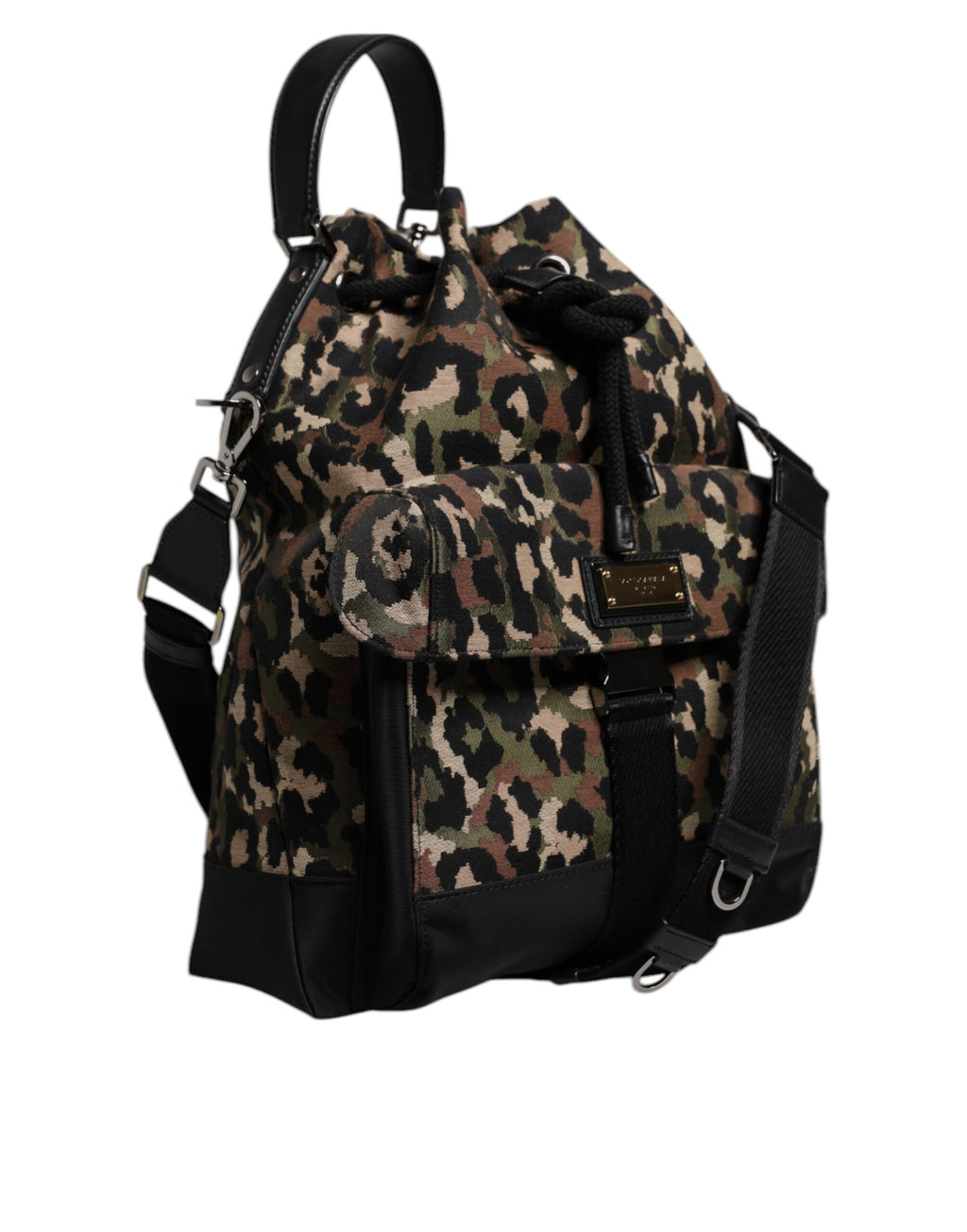 Sac seau en coton à motif léopard multicolore de Dolce & Gabbana, avec bandoulière.