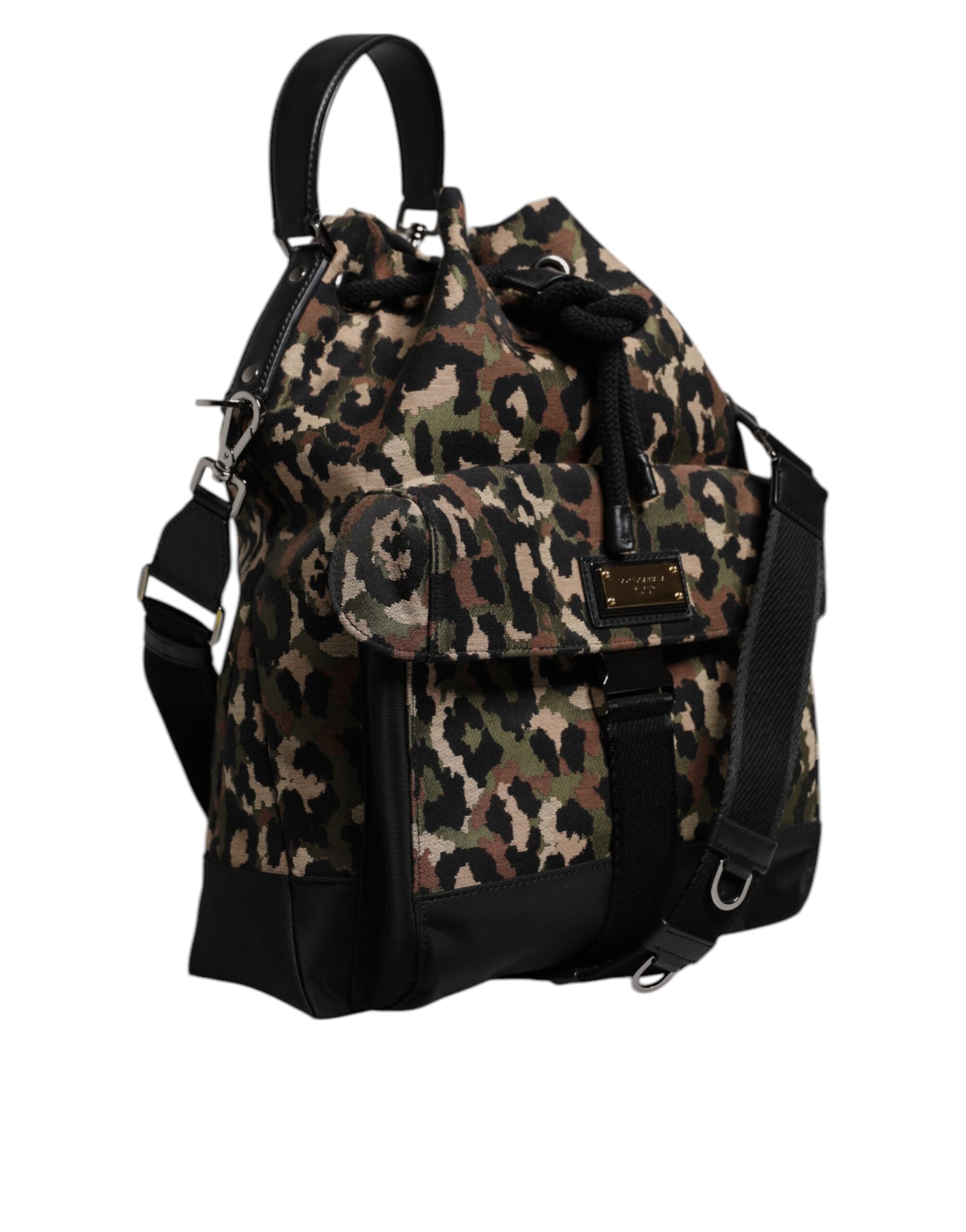 Sac seau en coton à motif léopard multicolore de Dolce & Gabbana, avec bandoulière.