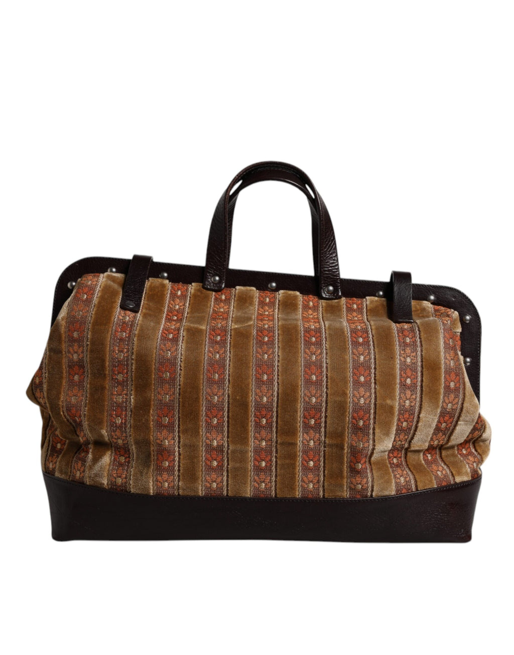 Sac de voyage Dolce & Gabbana en velours beige et bordeaux avec motif jacquard, en cuir élégant.