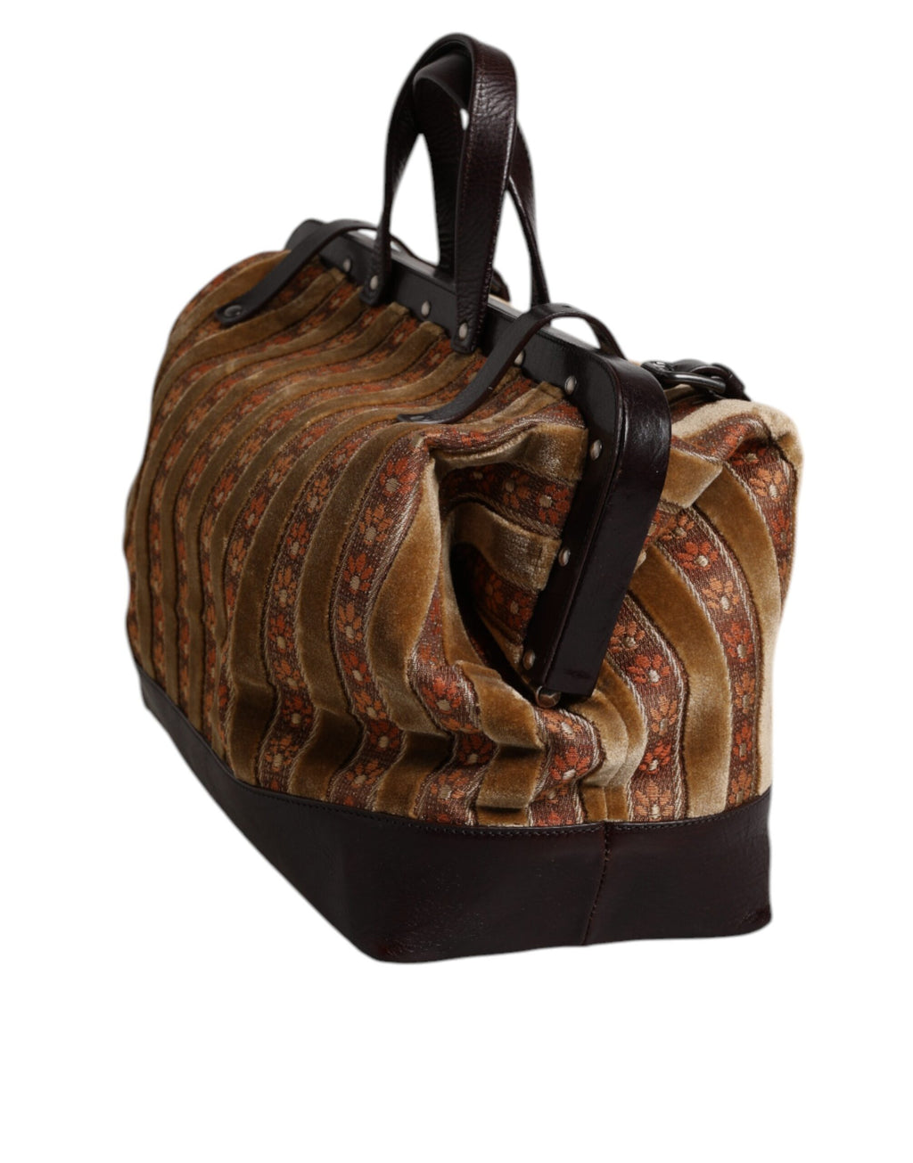 Sac à main de voyage en velours beige et bordeaux Dolce & Gabbana, en cuir et jacquard, élégant et pratique.