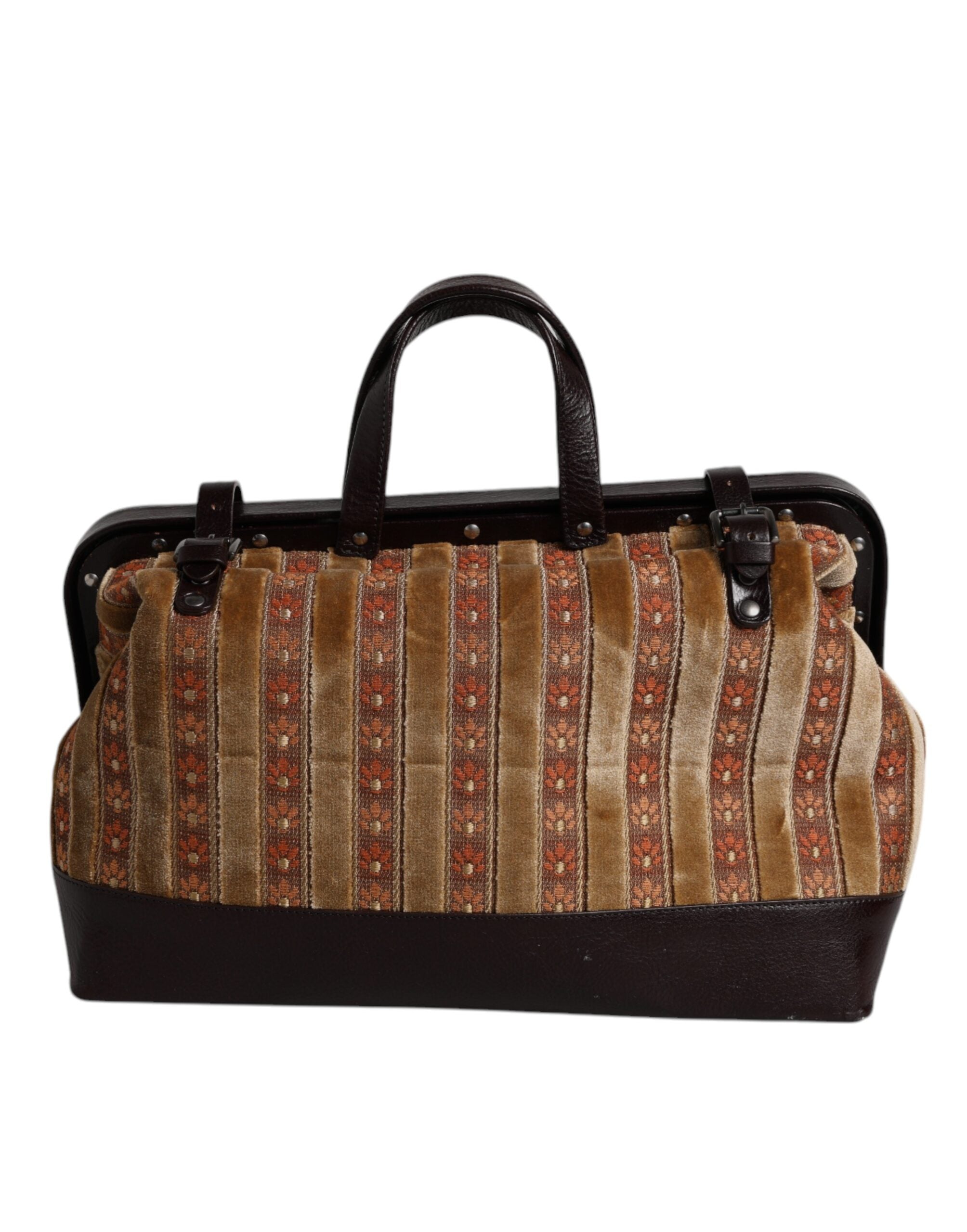 Sac de voyage Dolce & Gabbana beige et bordeaux en velours, cuir et jacquard, élégant et spacieux pour femmes.