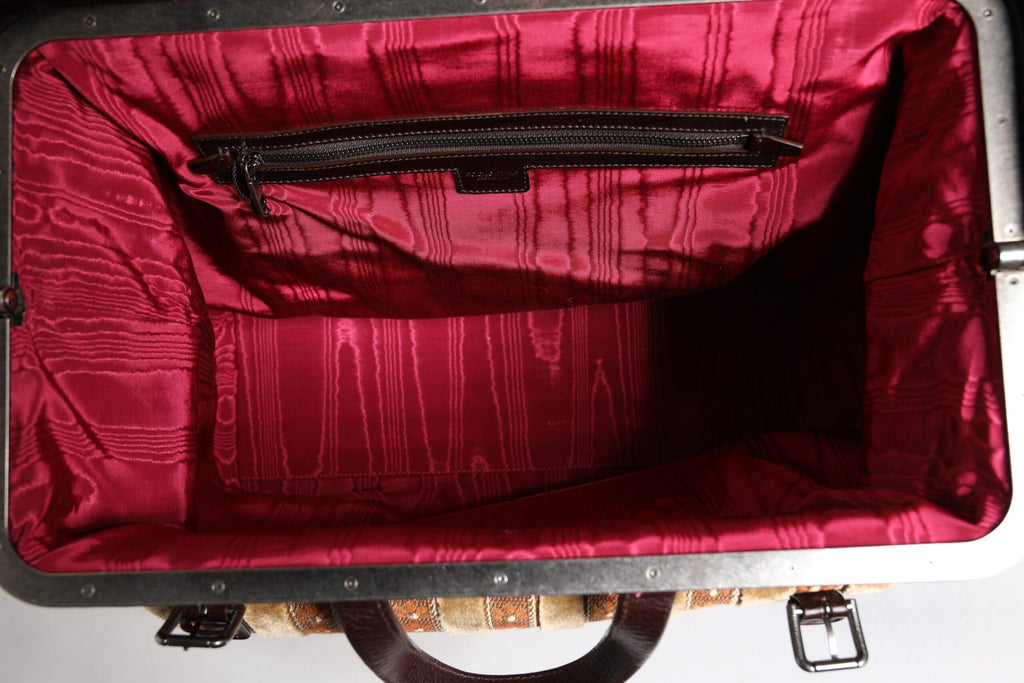 Sac à main de voyage en velours beige et bordeaux Dolce & Gabbana, en cuir et jacquard, avec motifs élégants.