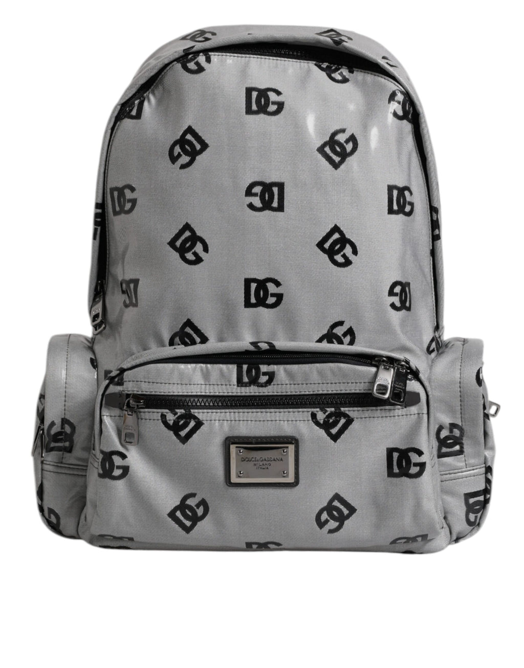 Sac à dos en polyester gris et noir Dolce & Gabbana avec plaque logo DG, design élégant et moderne.
