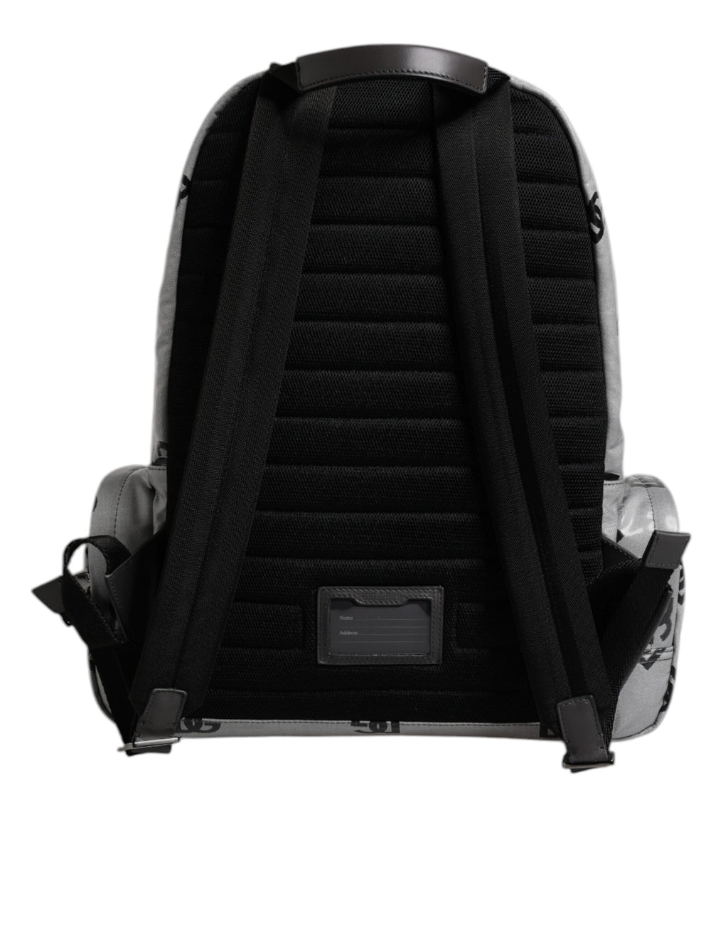 Sac à dos en polyester gris et noir Dolce & Gabbana avec plaque logo DG, design élégant et pratique.