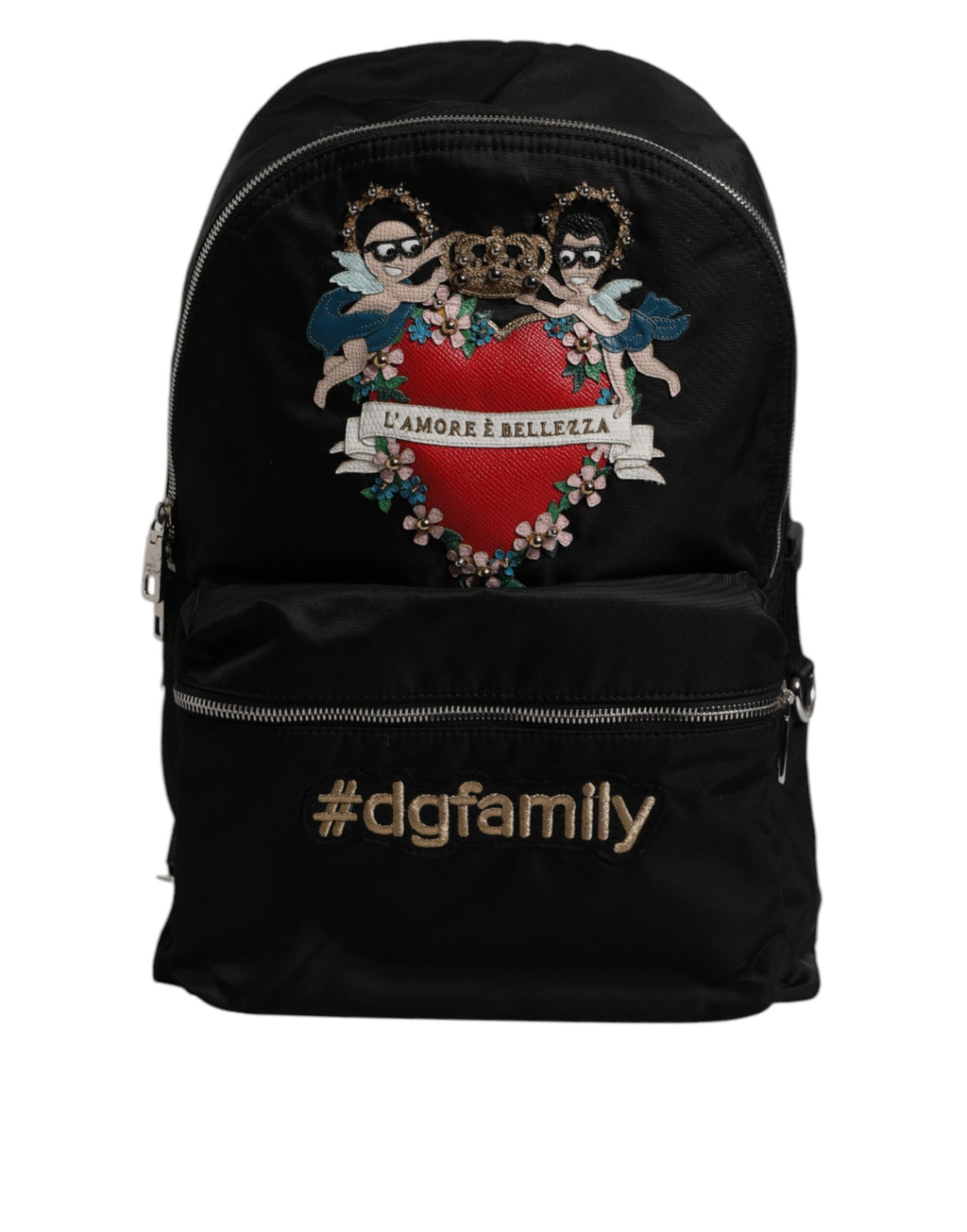Sac à dos noir en nylon Dolce & Gabbana DGFAMILY avec embellissements, visible avec détails et logo sur le devant.