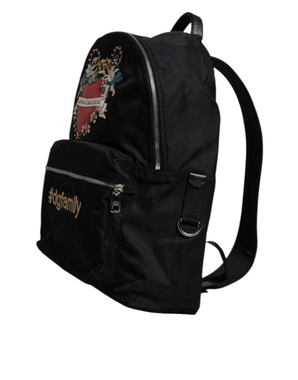 Sac à dos noir en nylon Dolce & Gabbana DGFAMILY avec embellissements, modèle VULCANO, vue de face.
