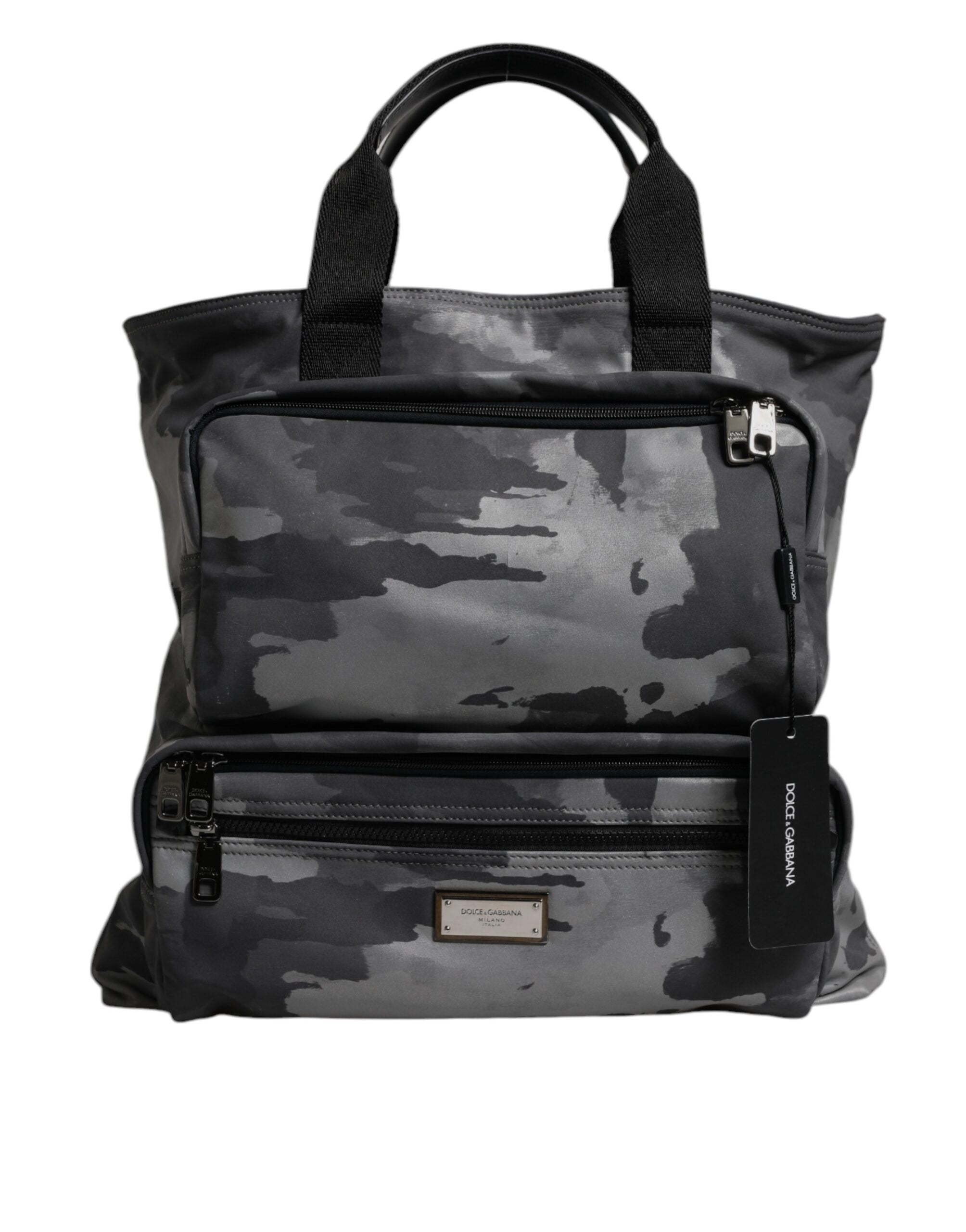 Sac Dolce & Gabbana noir avec bandoulière camouflage, plaque logo, design élégant et tendance visible sur l'image.