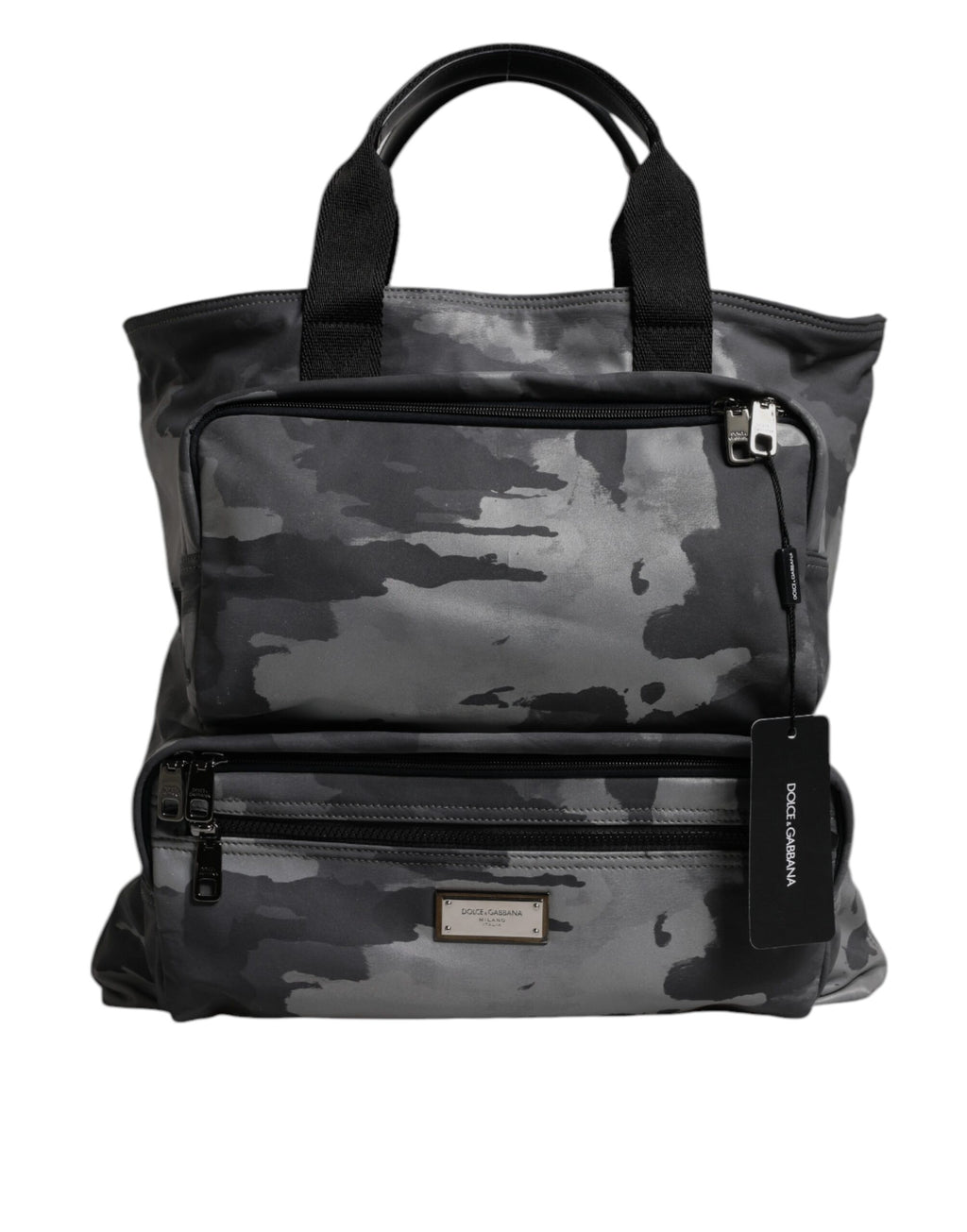 Sac Dolce & Gabbana noir avec bandoulière camouflage, plaque logo et design élégant, vue de face avec détails de la texture.