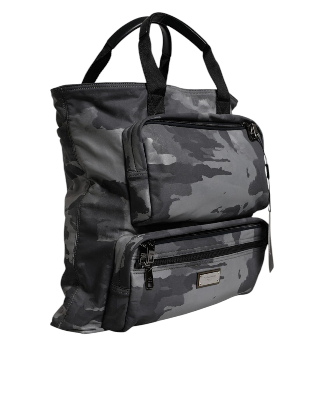 Sac Dolce & Gabbana noir avec bandoulière camouflage, plaque logo, style élégant et moderne, vue de face.
