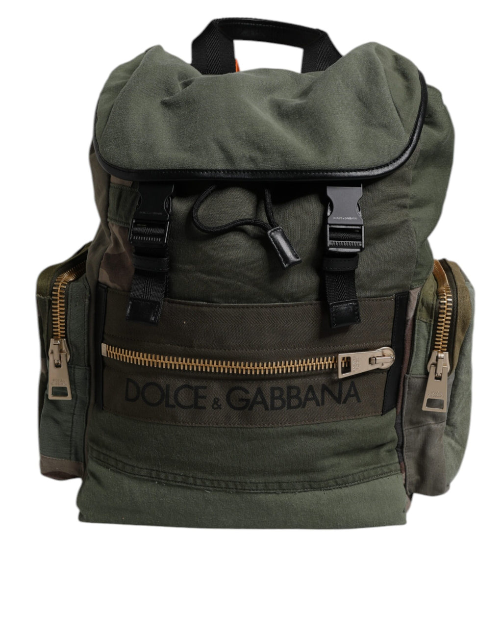 Sac à dos de voyage Dolce & Gabbana vert militaire avec patchwork, pochettes et design élégant pour les déplacements.
