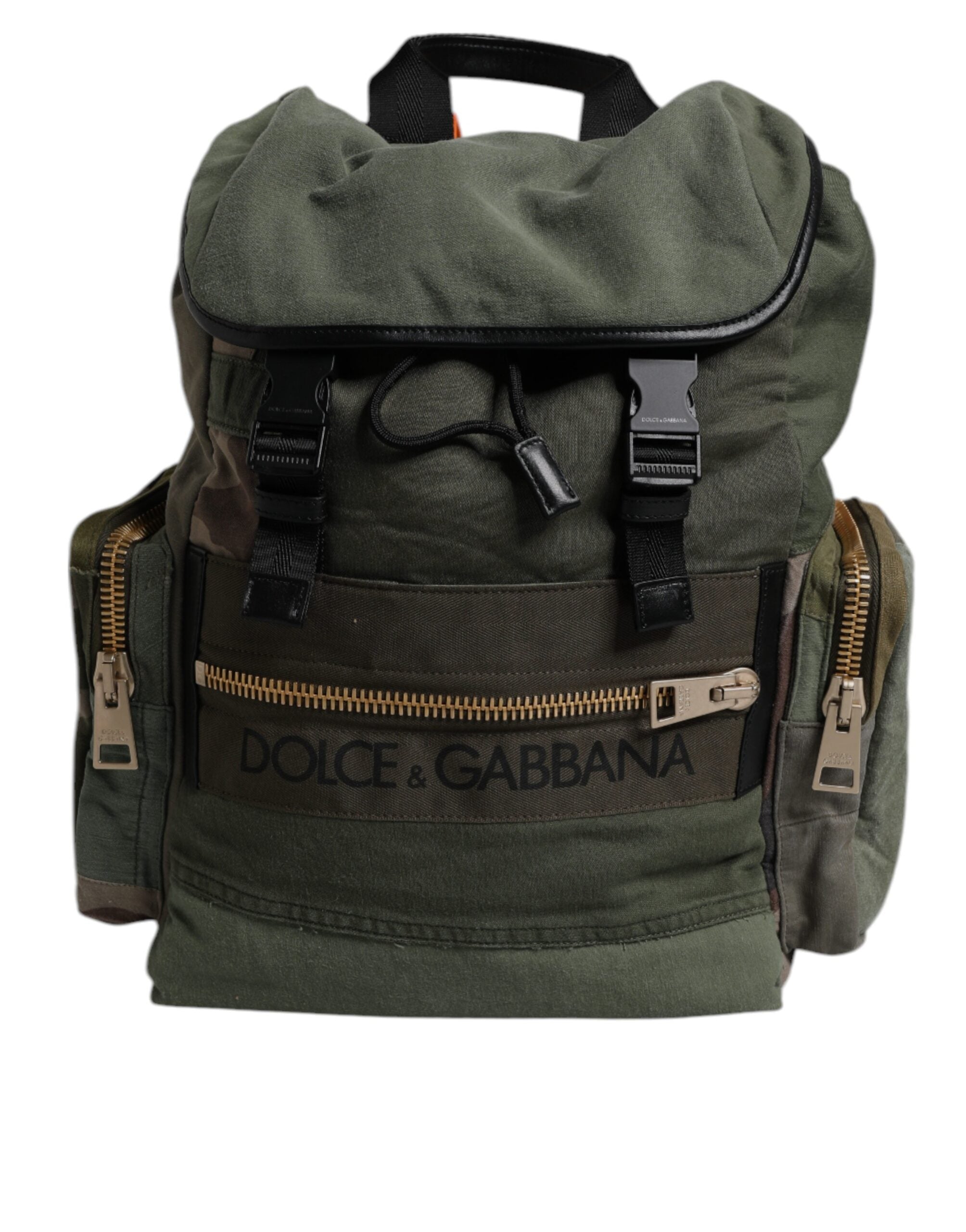 Sac à dos de voyage Dolce & Gabbana vert militaire avec patchwork, pochettes et design élégant pour les déplacements.